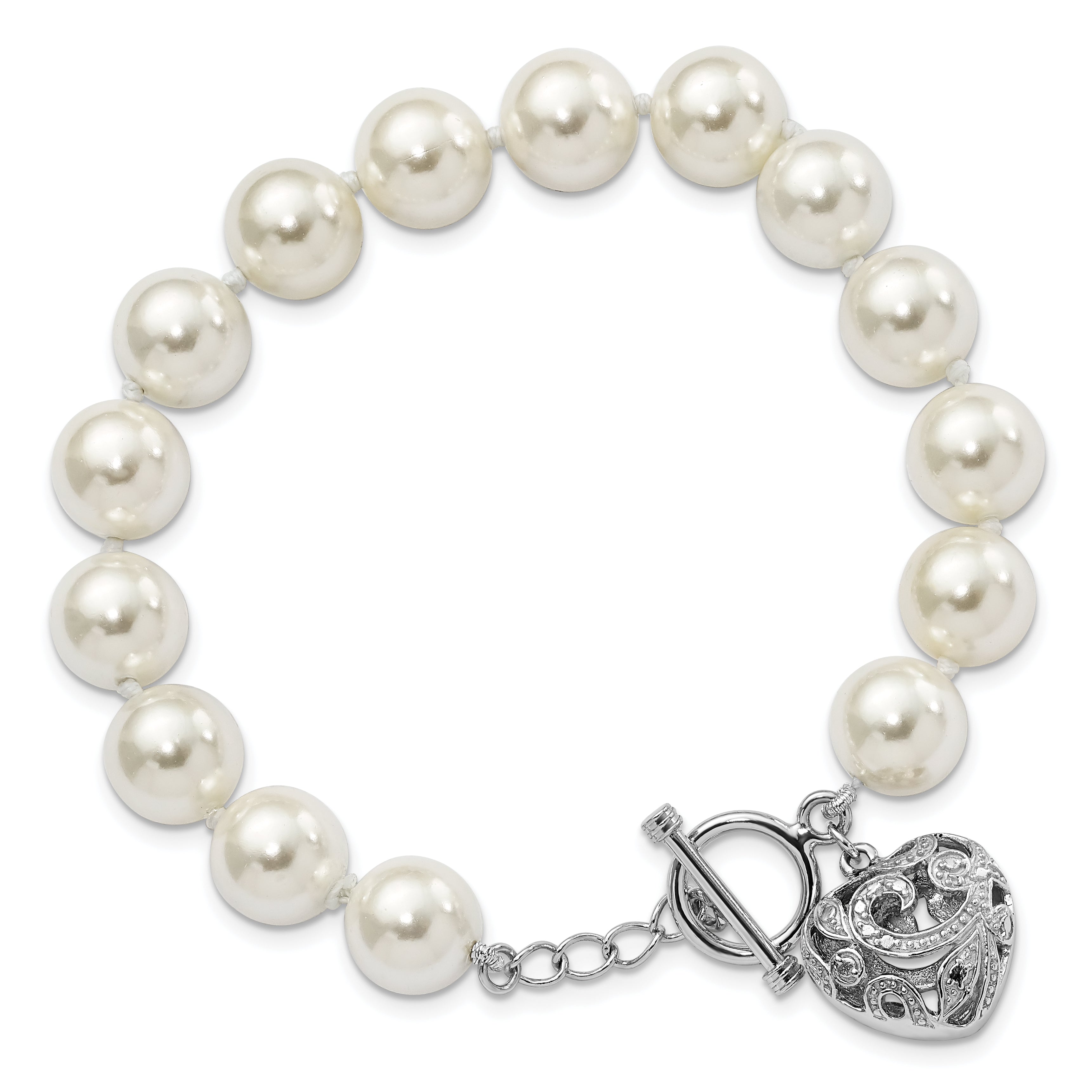8 Inch Majestik Sterling Silver Rhodium-Plated 10-11mm White Imitation Shell Pearl With Heart Hand-Knotted Bracelet