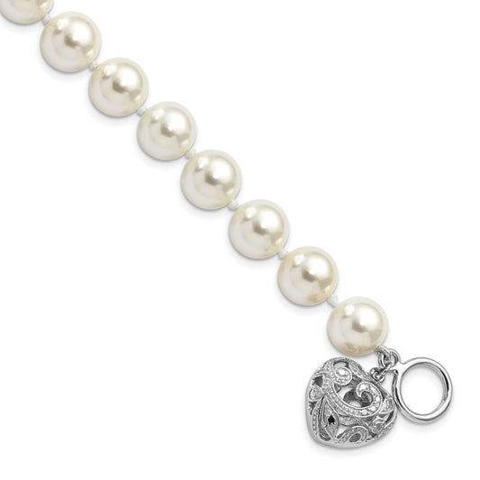 8 Inch Majestik Sterling Silver Rhodium-Plated 10-11mm White Imitation Shell Pearl With Heart Hand-Knotted Bracelet