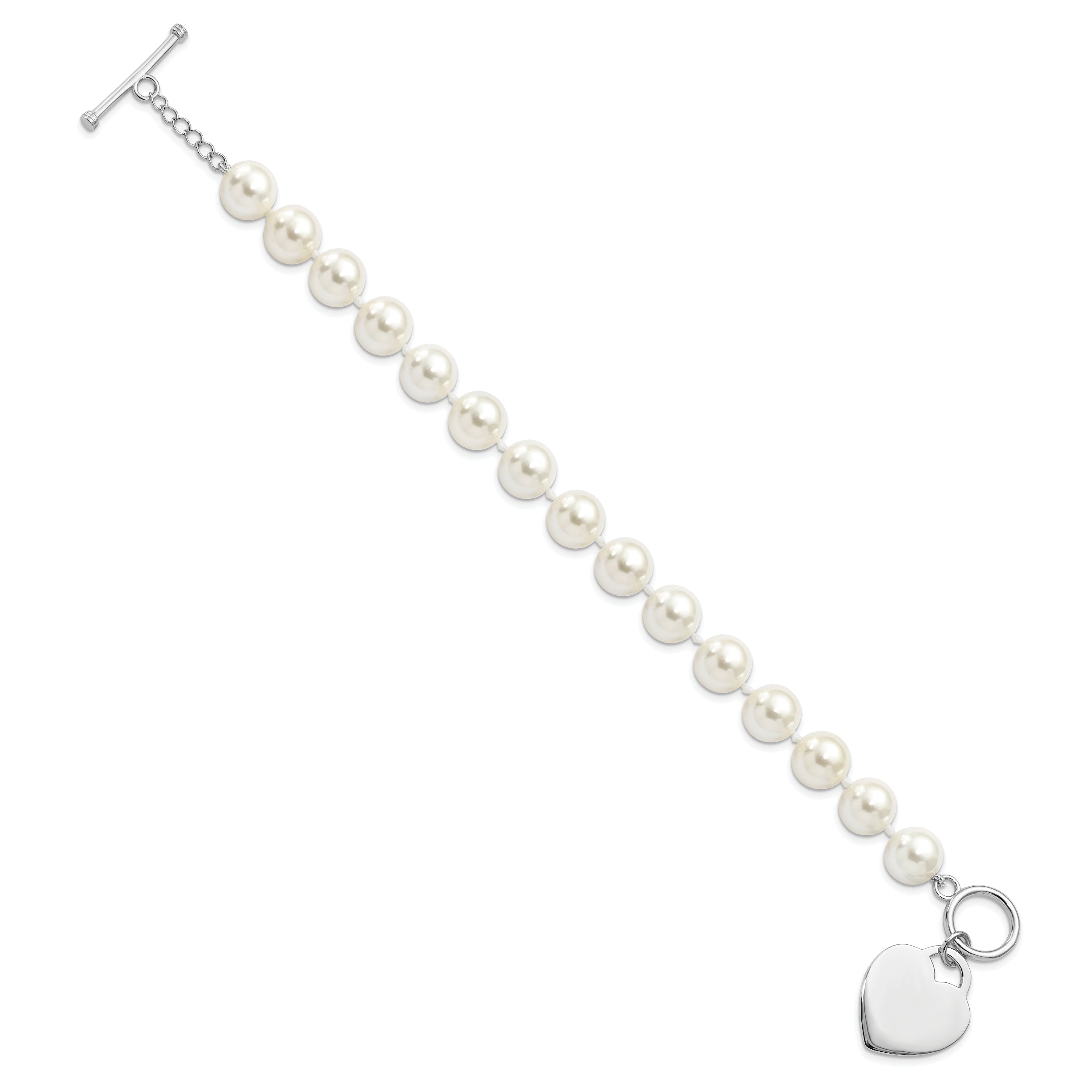 8 Inch Majestik Sterling Silver Rhodium-Plated 10-11mm White Imitation Shell Pearl Engravable Heart Hand-Knotted Bracelet