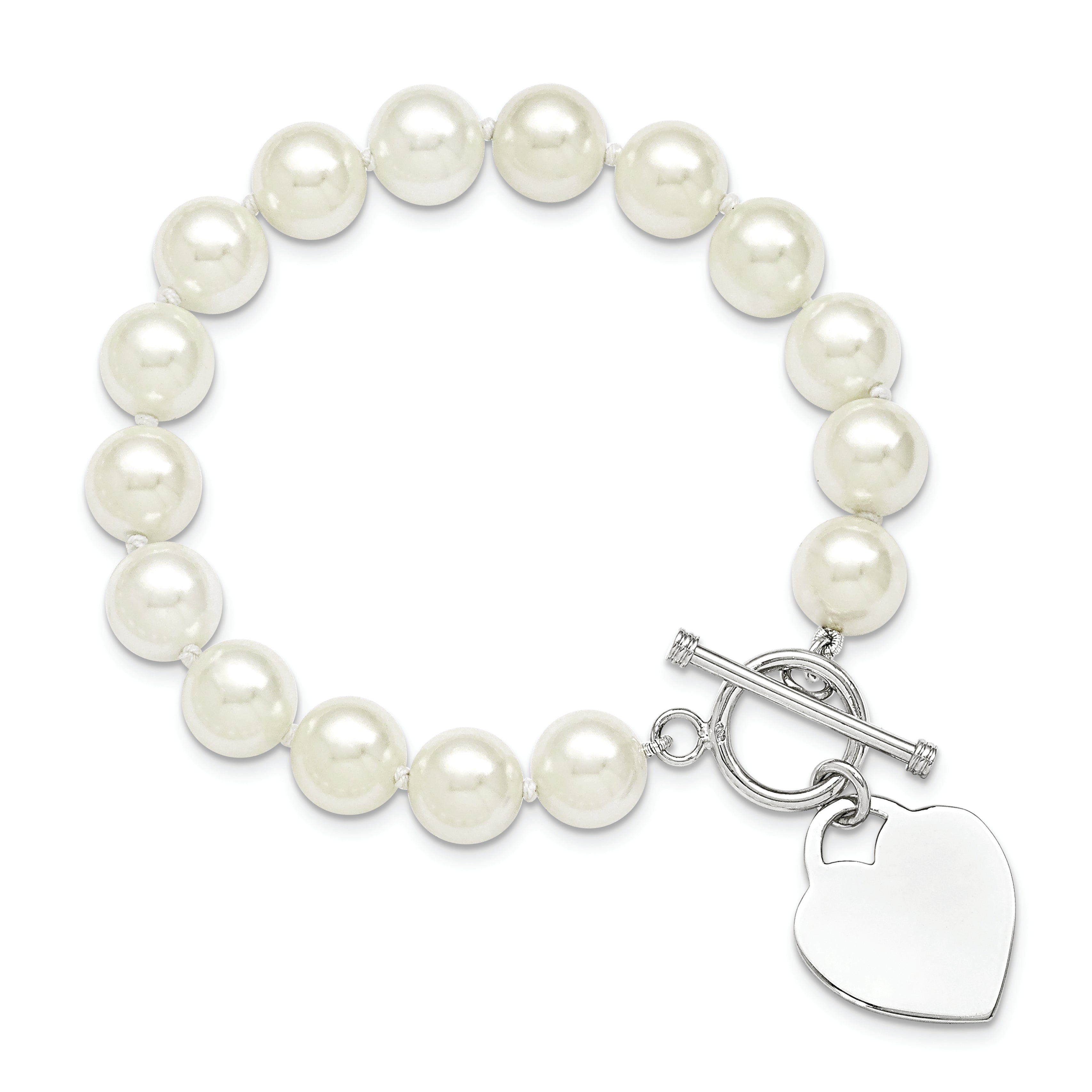 8 Inch Majestik Sterling Silver Rhodium-Plated 10-11mm White Imitation Shell Pearl Engravable Heart Hand-Knotted Bracelet