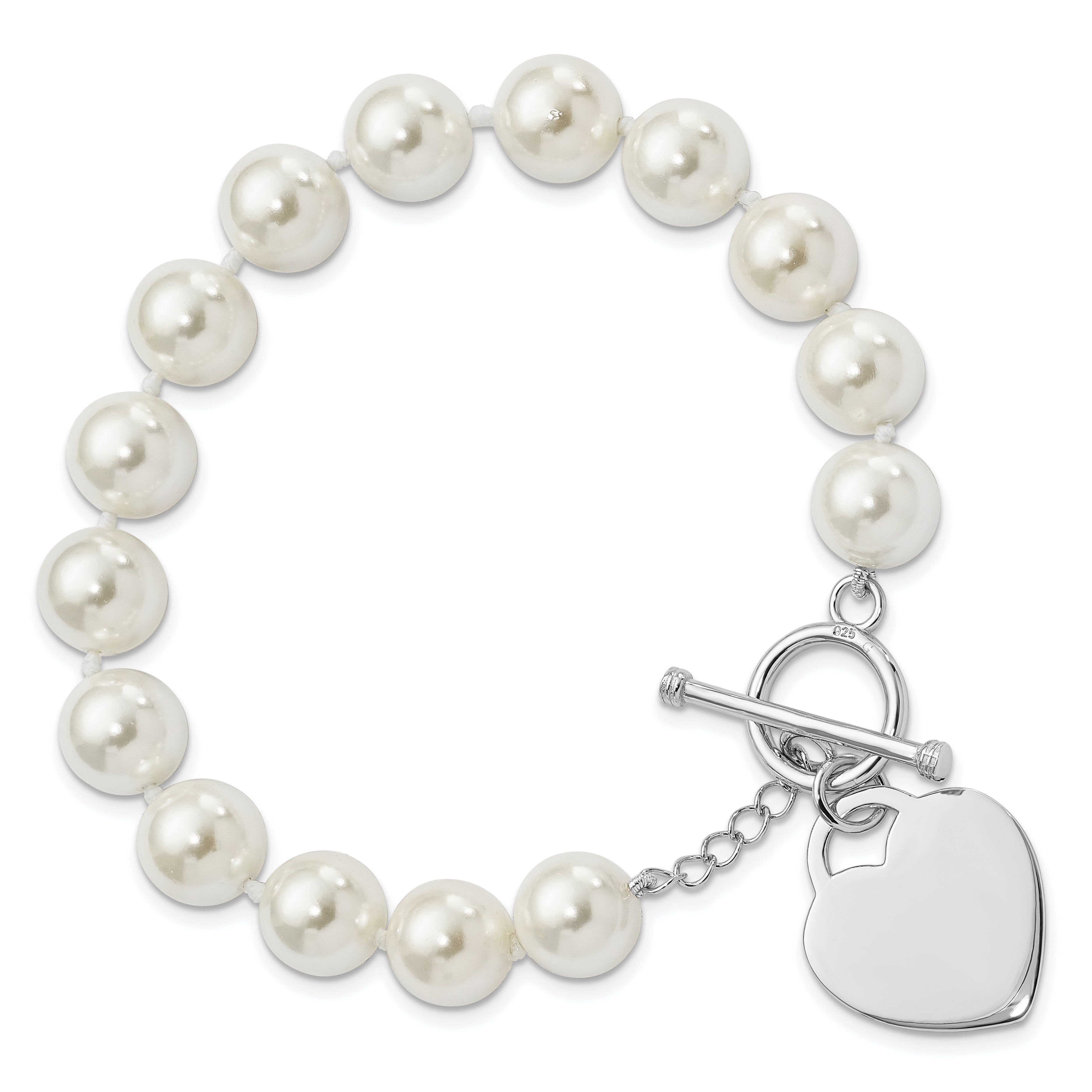8 Inch Majestik Sterling Silver Rhodium-Plated 10-11mm White Imitation Shell Pearl Engravable Heart Hand-Knotted Bracelet