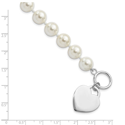 8 Inch Majestik Sterling Silver Rhodium-Plated 10-11mm White Imitation Shell Pearl Engravable Heart Hand-Knotted Bracelet