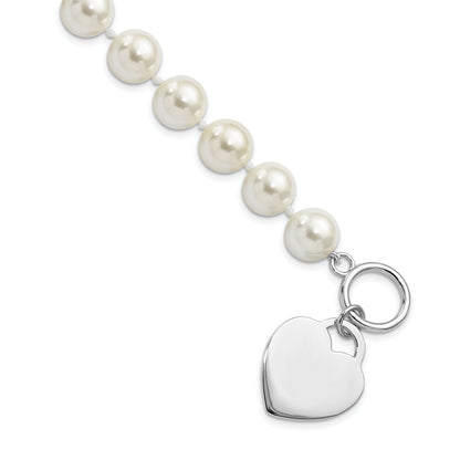 8 Inch Majestik Sterling Silver Rhodium-Plated 10-11mm White Imitation Shell Pearl Engravable Heart Hand-Knotted Bracelet
