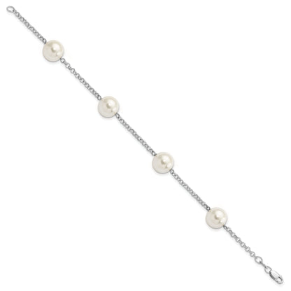 7.5 Inch Majestik Sterling Silver Rhodium-Plated 10-11mm White Imitation Shell Pearl Hand-Knotted 4 Station Bracelet