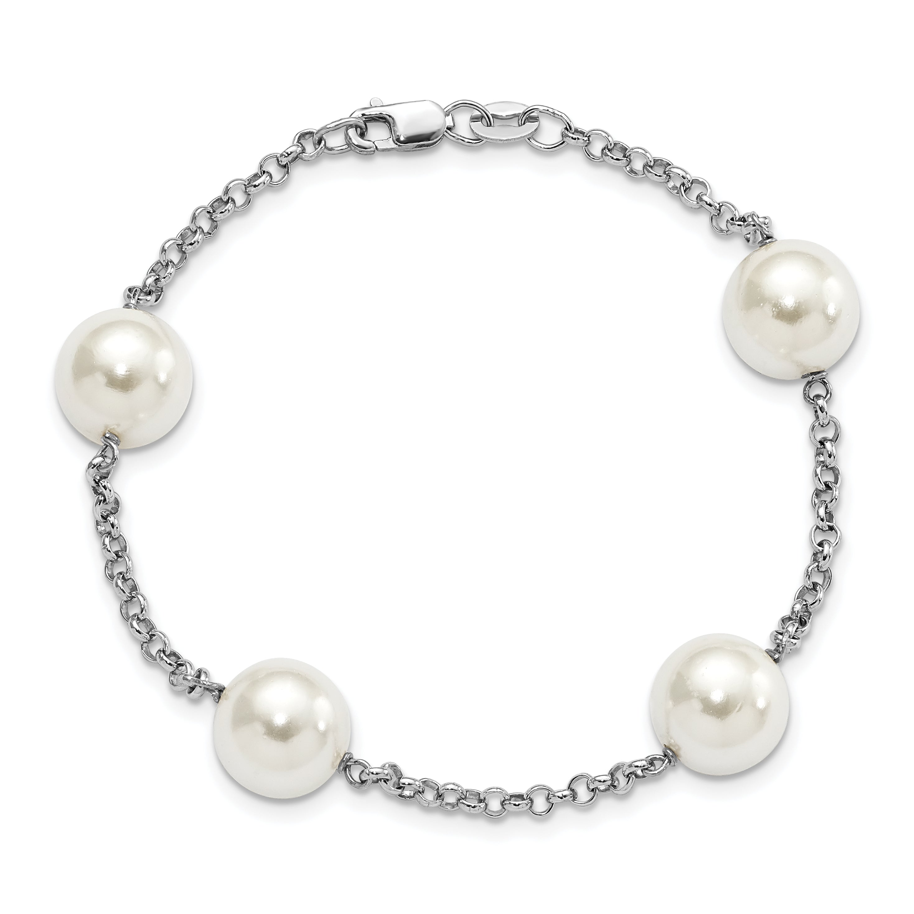 7.5 Inch Majestik Sterling Silver Rhodium-Plated 10-11mm White Imitation Shell Pearl Hand-Knotted 4 Station Bracelet