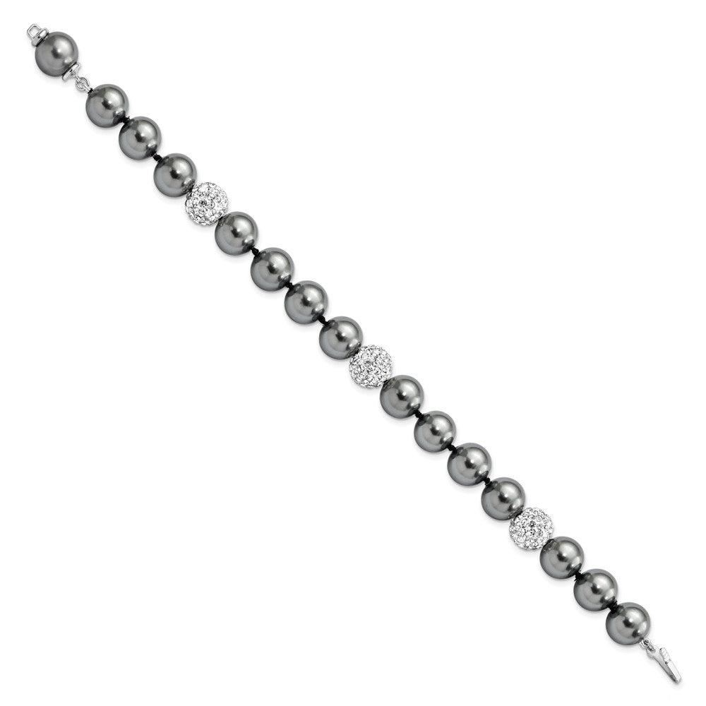 8 Inch Majestik Sterling Silver Rhodium-Plated 10-11mm Dark Grey Imitation Shell Pearl Crystal Hand-Knotted Bracelet