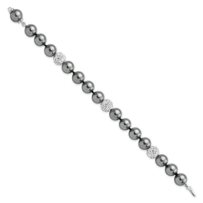 8 Inch Majestik Sterling Silver Rhodium-Plated 10-11mm Dark Grey Imitation Shell Pearl Crystal Hand-Knotted Bracelet