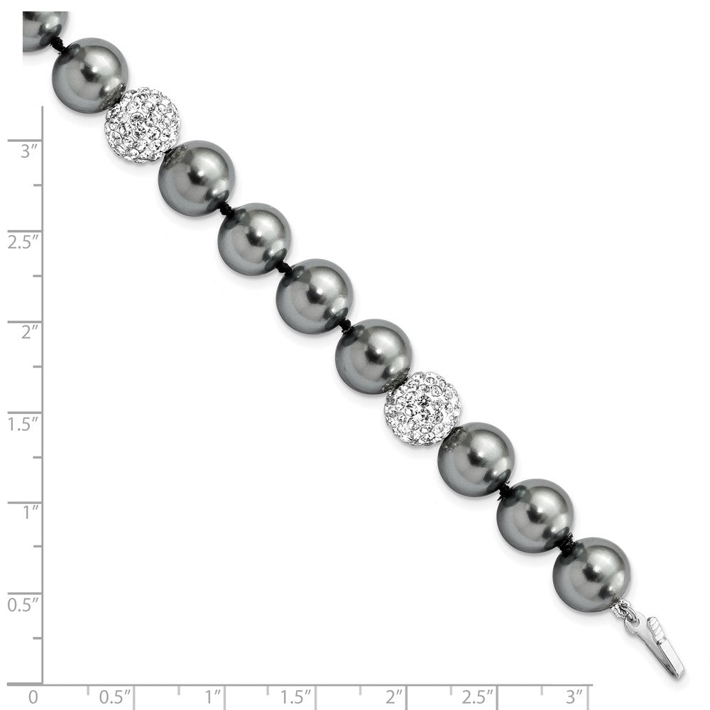8 Inch Majestik Sterling Silver Rhodium-Plated 10-11mm Dark Grey Imitation Shell Pearl Crystal Hand-Knotted Bracelet