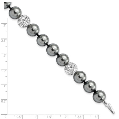 8 Inch Majestik Sterling Silver Rhodium-Plated 10-11mm Dark Grey Imitation Shell Pearl Crystal Hand-Knotted Bracelet