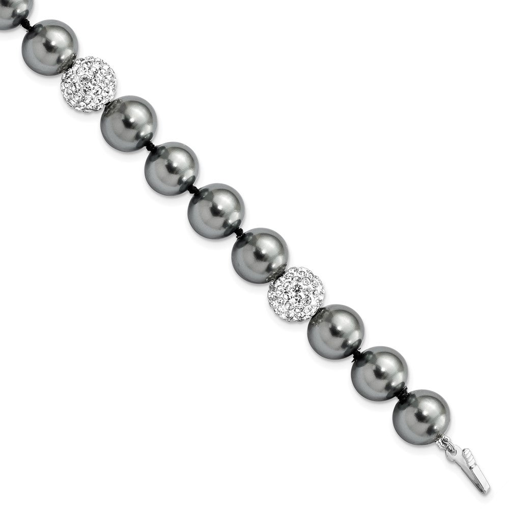 8 Inch Majestik Sterling Silver Rhodium-Plated 10-11mm Dark Grey Imitation Shell Pearl Crystal Hand-Knotted Bracelet