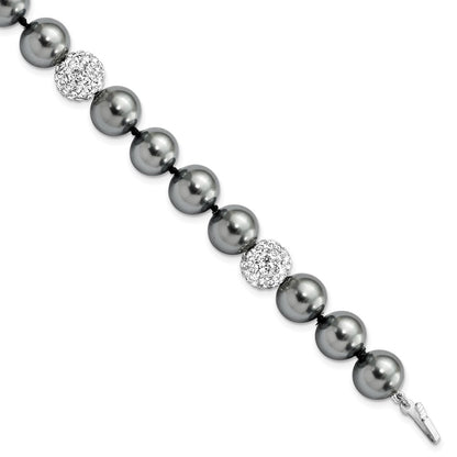 8 Inch Majestik Sterling Silver Rhodium-Plated 10-11mm Dark Grey Imitation Shell Pearl Crystal Hand-Knotted Bracelet