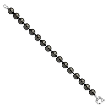 7.5 Inch Majestik Sterling Silver Rhodium-Plated 10-11mm Black Imitation Shell Pearl Hand-Knotted Bracelet