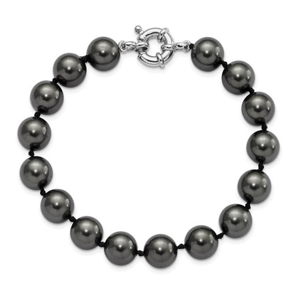 7.5 Inch Majestik Sterling Silver Rhodium-Plated 10-11mm Black Imitation Shell Pearl Hand-Knotted Bracelet