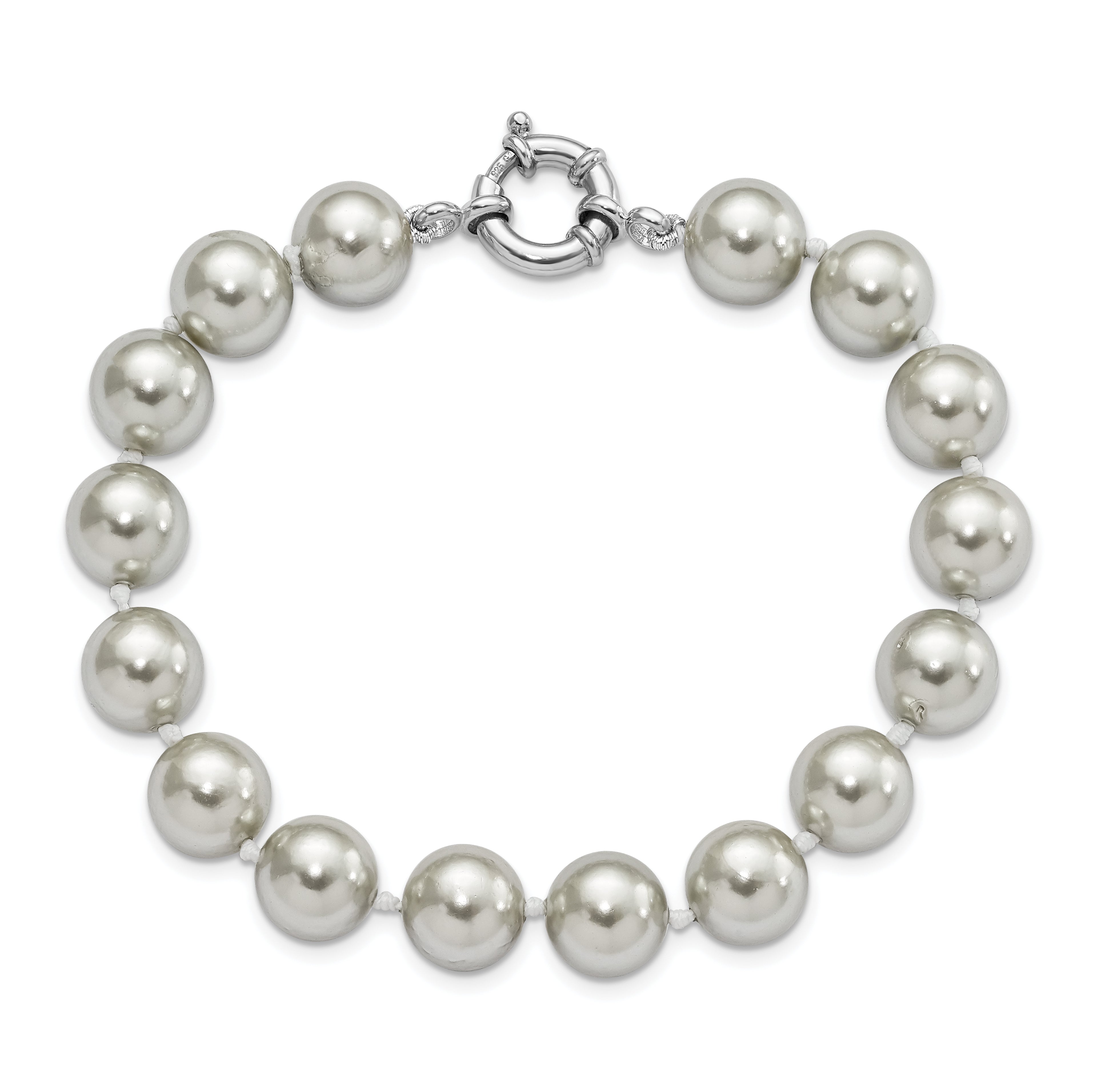 7.5 Inch Majestik Sterling Silver Rhodium-Plated 10-11mm Grey Imitation Shell Pearl Hand-Knotted Bracelet