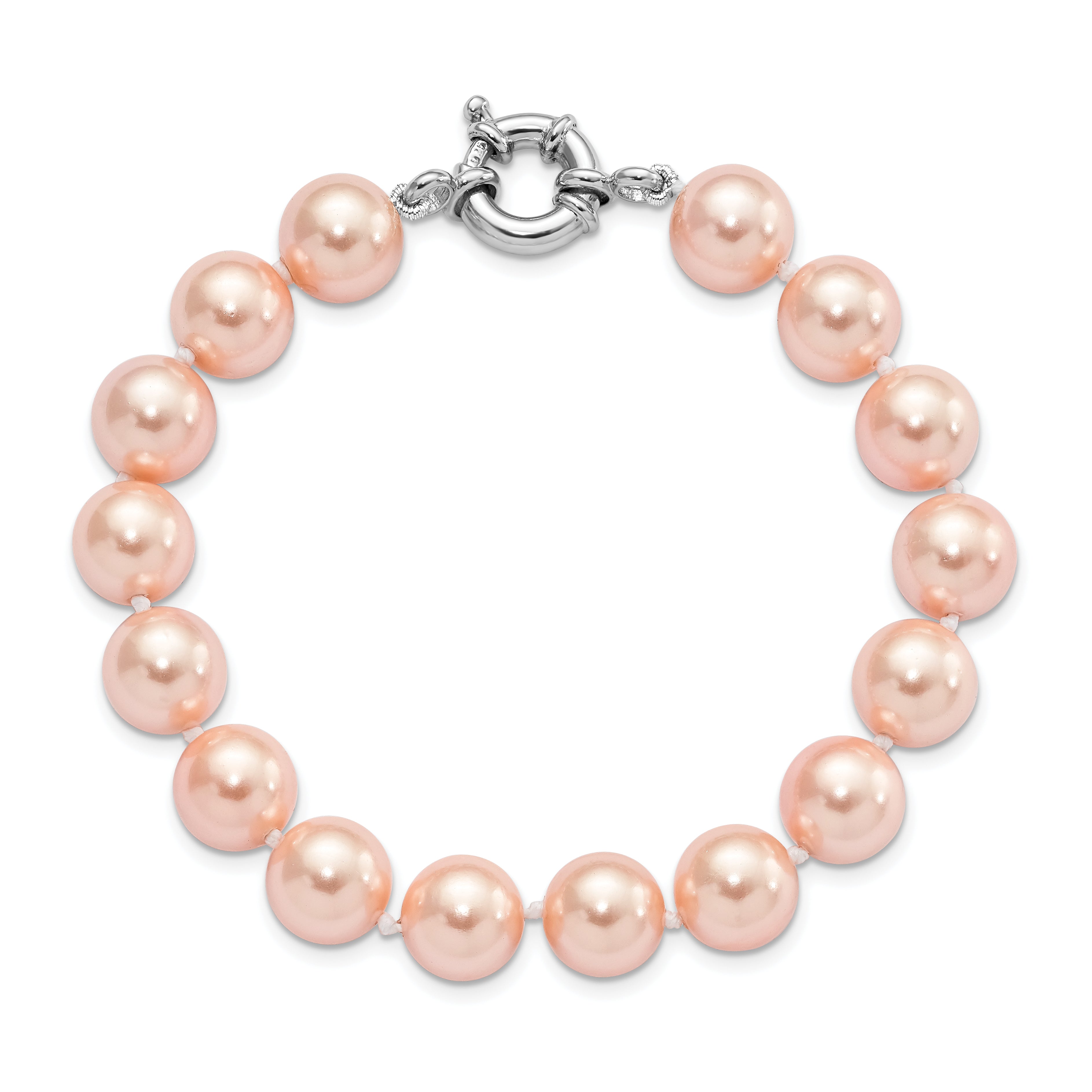 7.5 Inch Majestik Sterling Silver Rhodium-Plated 10-11mm Pink Imitation Shell Pearl Hand-Knotted Bracelet