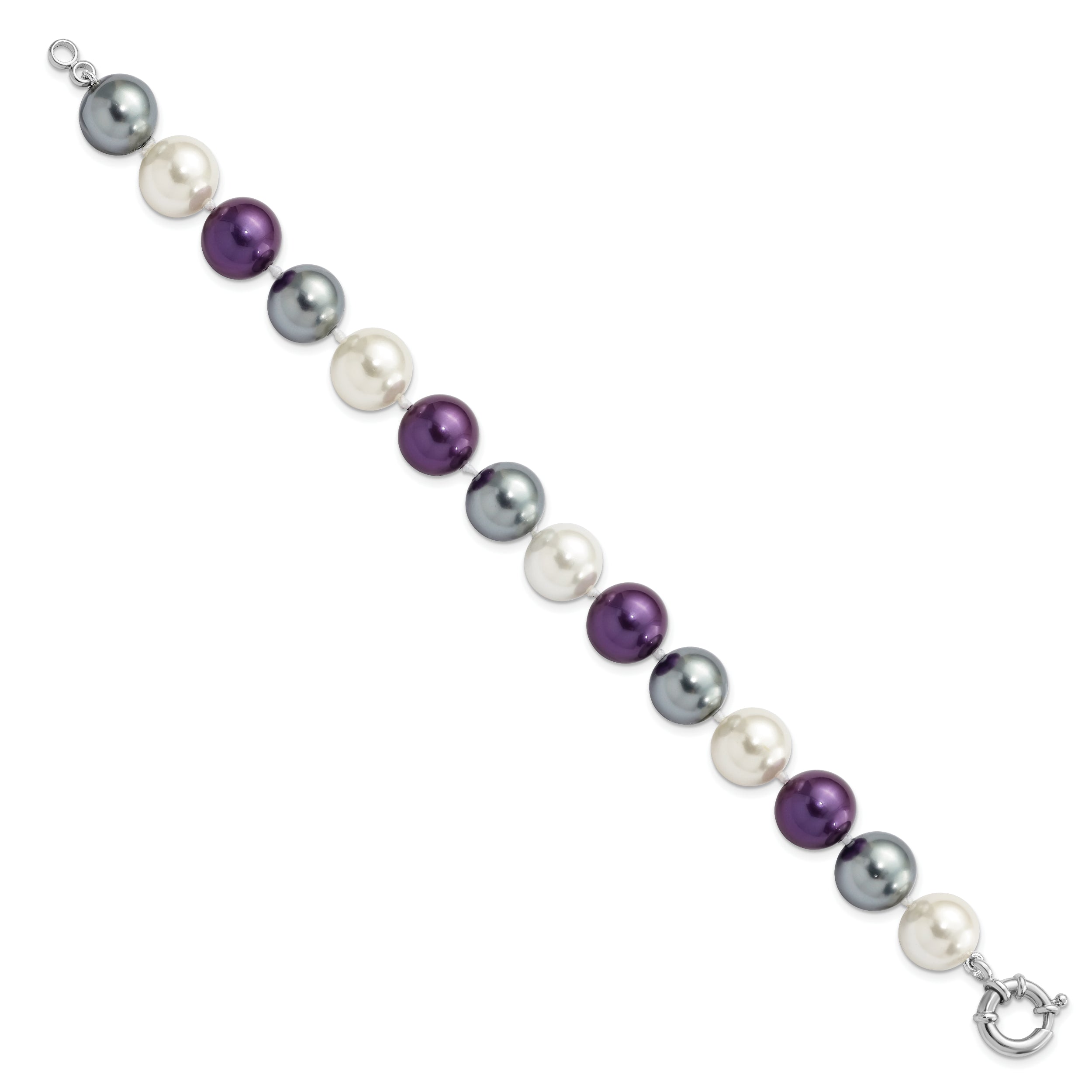 7.5 Inch Majestik Sterling Silver Rhodium-Plated 12-13mm Multi-Color Color Imitation Shell Pearl Hand-Knotted Bracelet