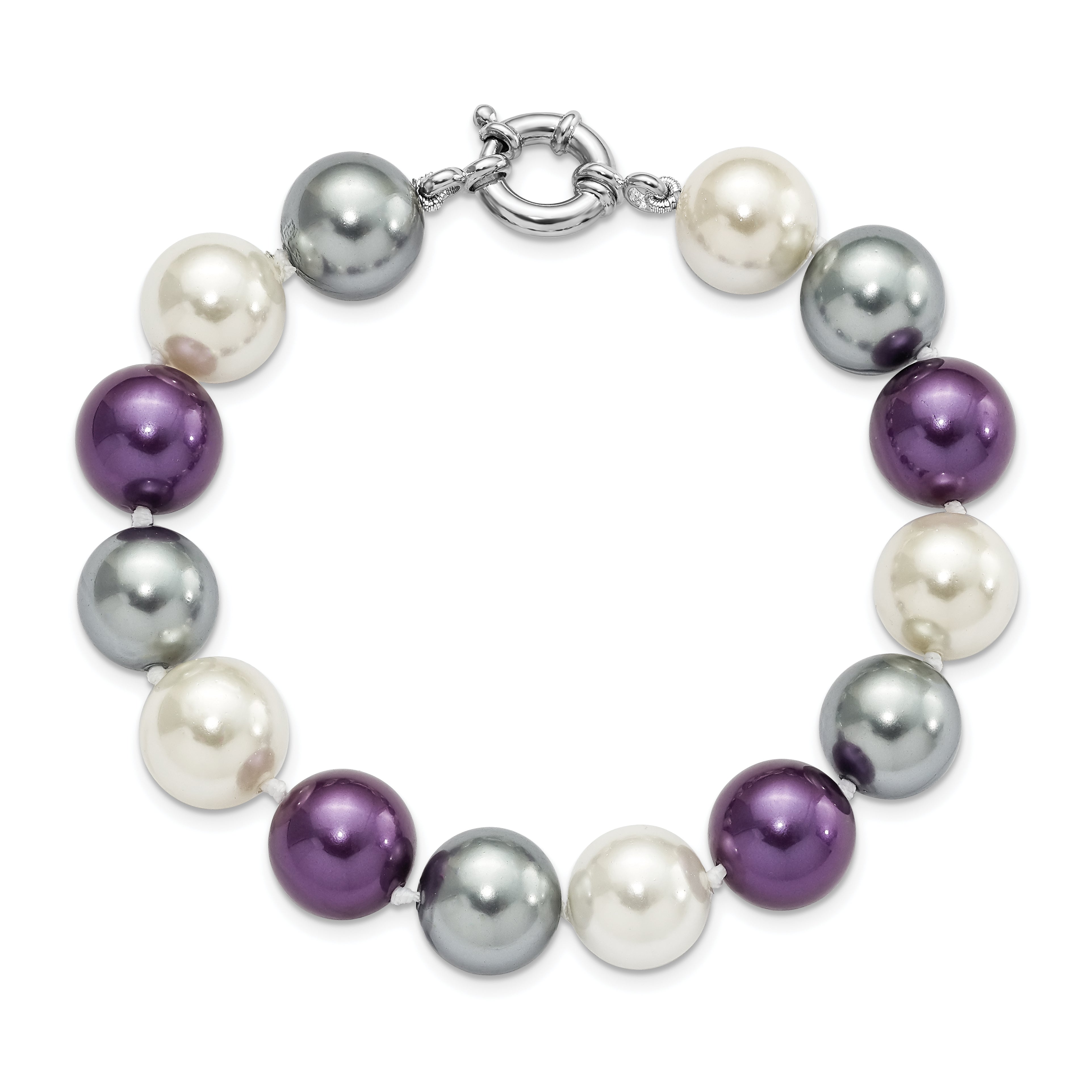 7.5 Inch Majestik Sterling Silver Rhodium-Plated 12-13mm Multi-Color Color Imitation Shell Pearl Hand-Knotted Bracelet