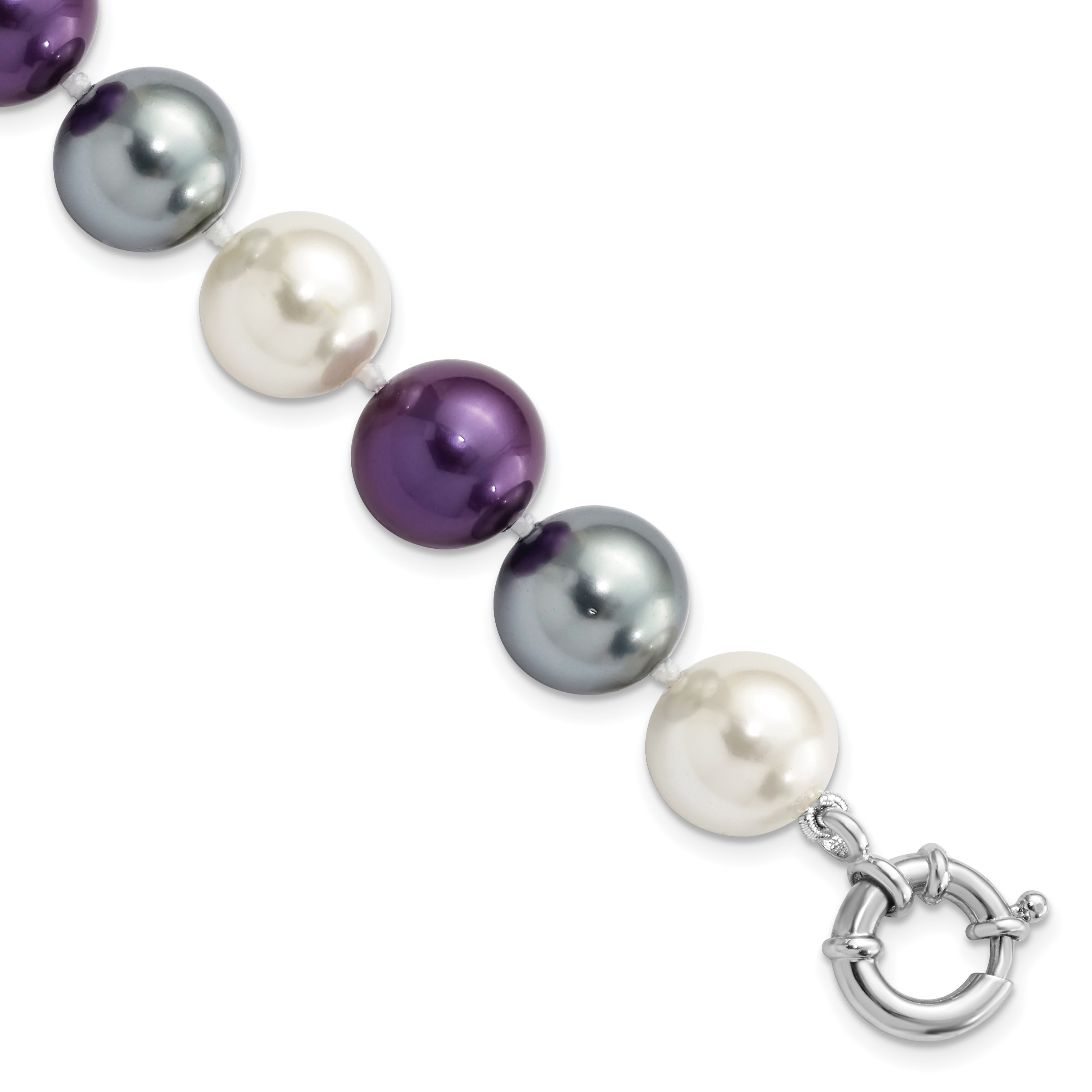 7.5 Inch Majestik Sterling Silver Rhodium-Plated 12-13mm Multi-Color Color Imitation Shell Pearl Hand-Knotted Bracelet