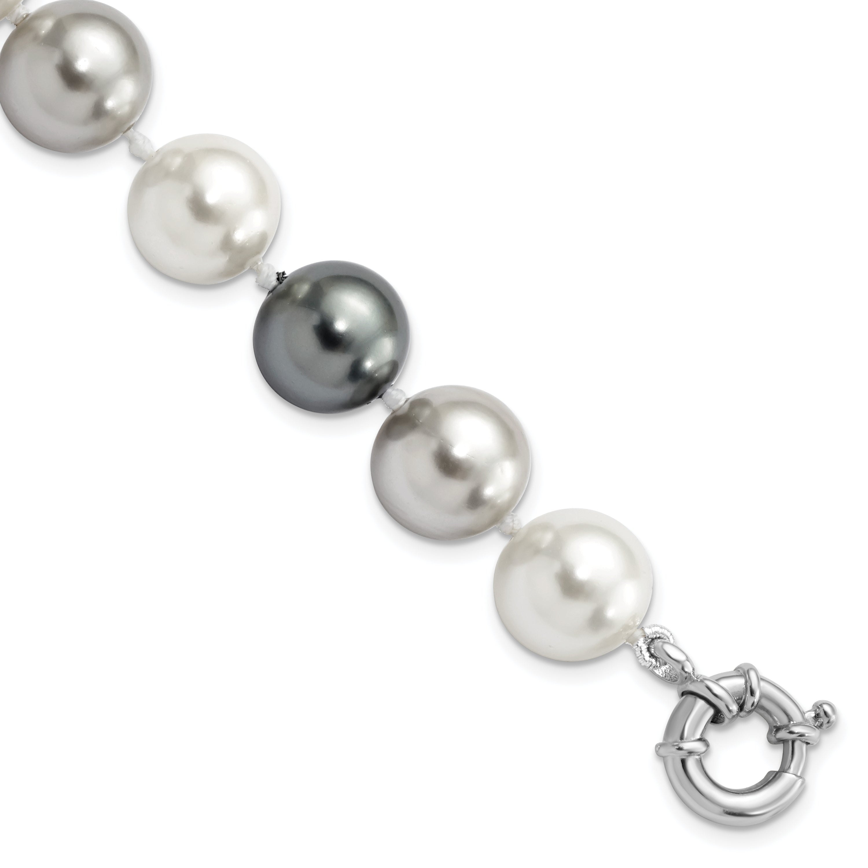 7.5 Inch Majestik Sterling Silver Rhodium-Plated 12-13mm Multi-Color Imitation Shell Pearl Hand-Knotted Bracelet
