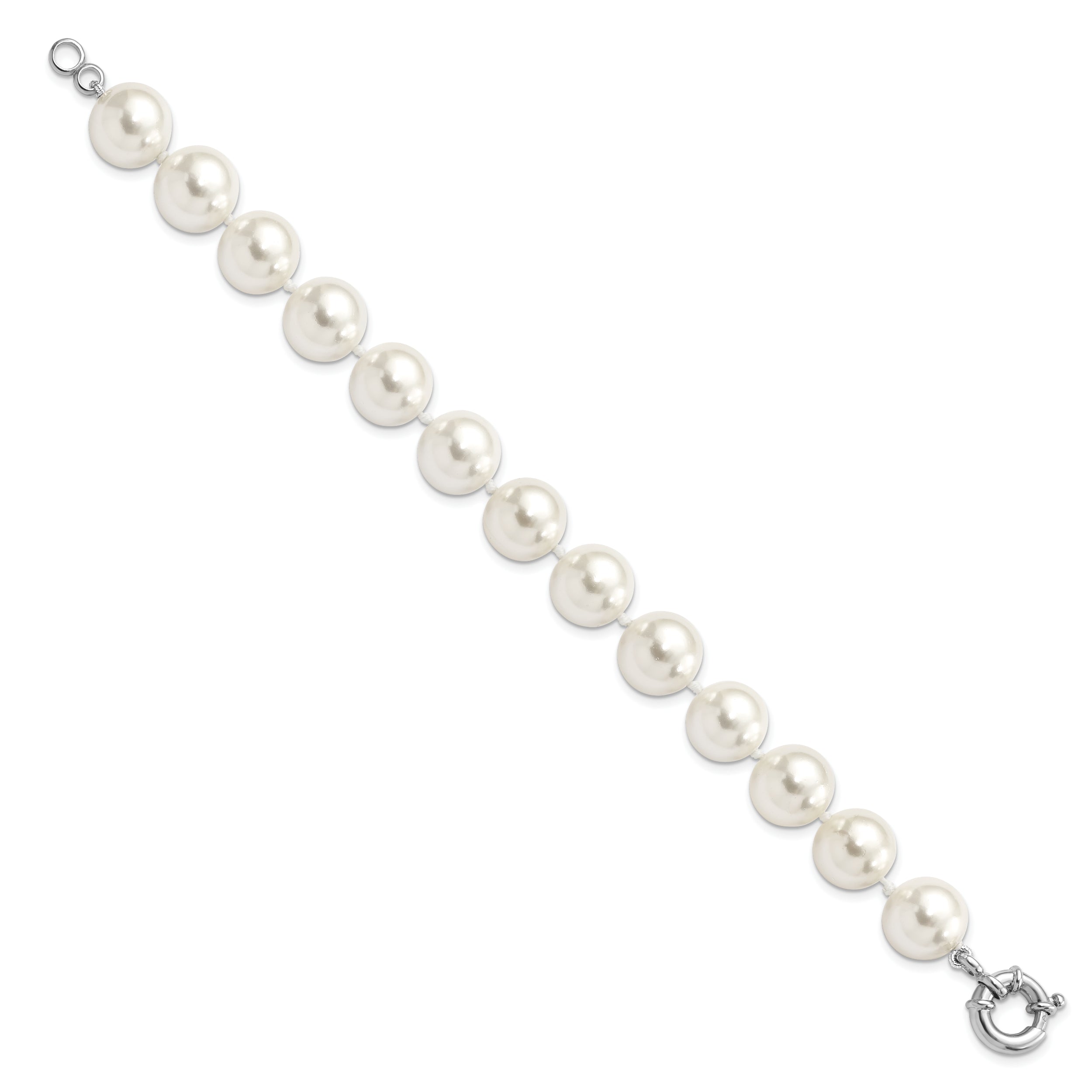 7.5 Inch Majestik Sterling Silver Rhodium-Plated 12-13mm White Imitation Shell Pearl Hand-Knotted Bracelet
