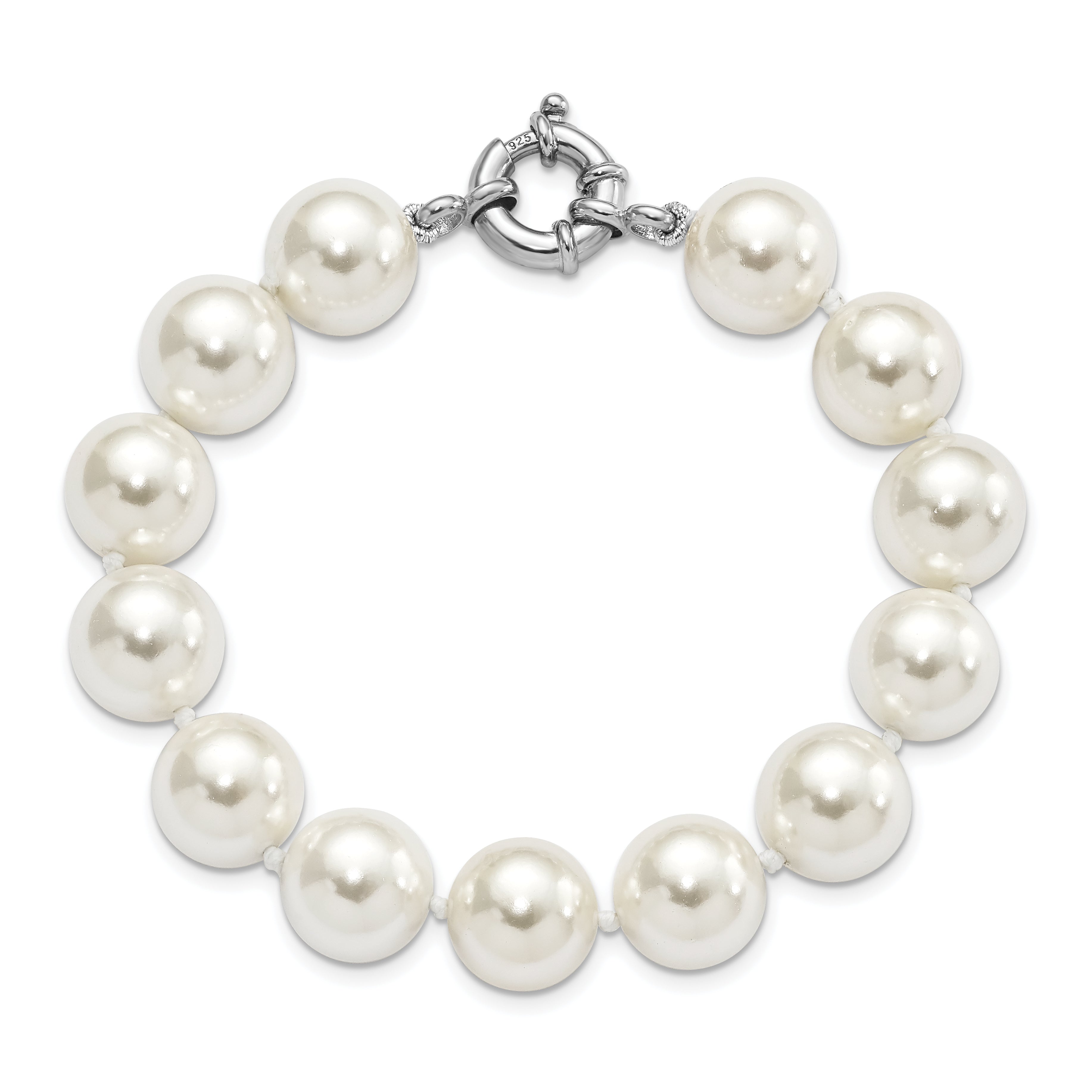 Sterling Silver Majestik Rhodium-Plated 12-13mm White Imitation Shell Pearl Hand-Knotted Bracelet