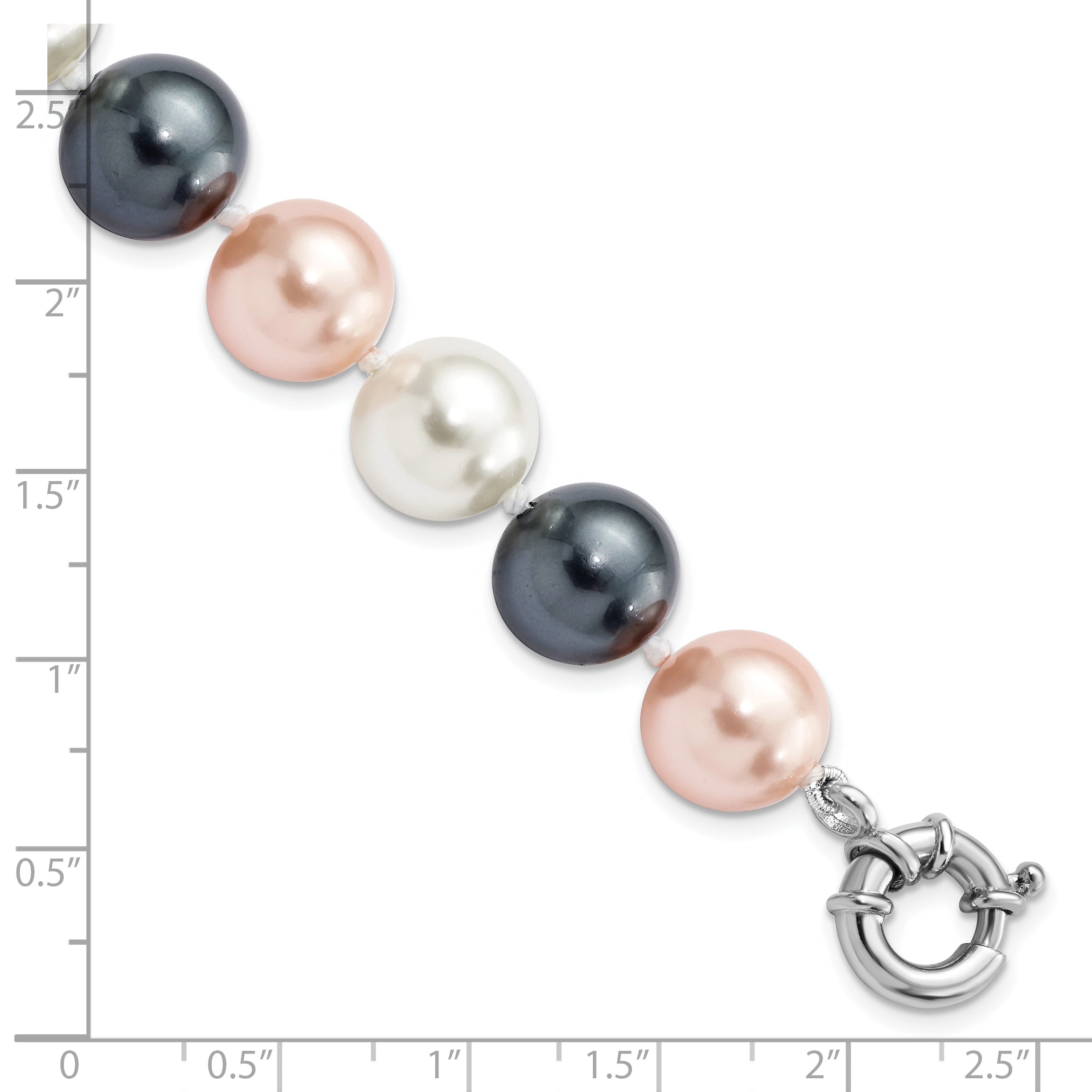 7.5 Inch Majestik Sterling Silver Rhodium-Plated 12-13mm Multi-Color Imitation Shell Pearl Hand-Knotted Bracelet
