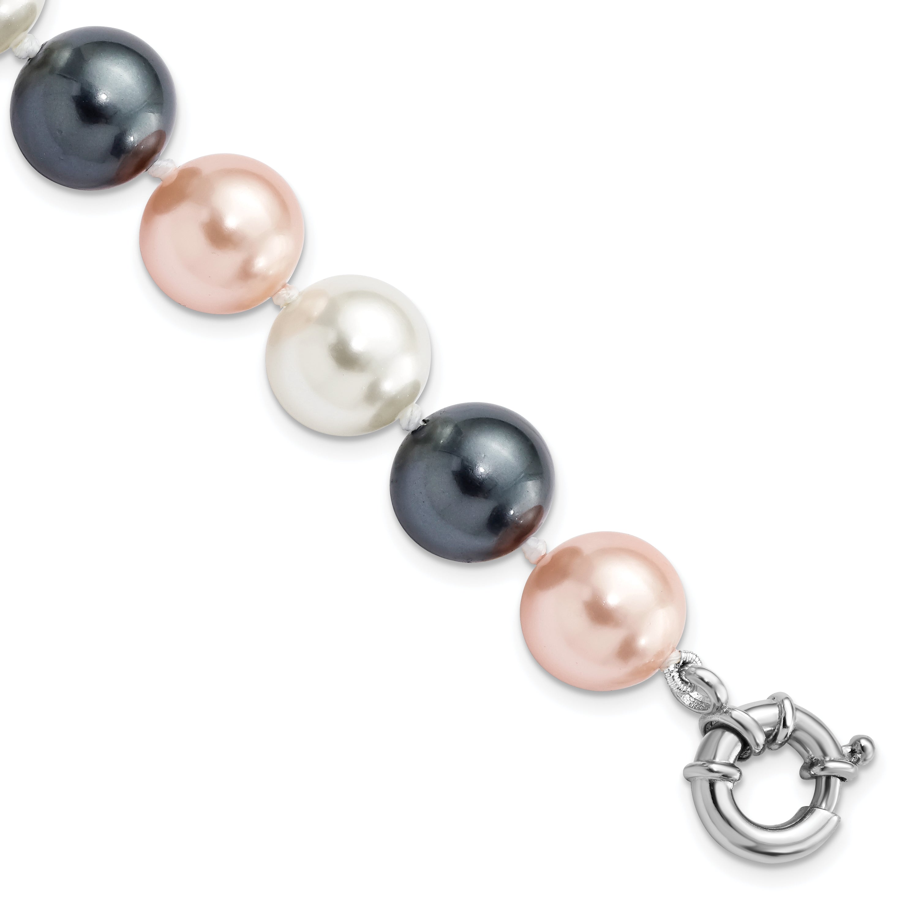 7.5 Inch Majestik Sterling Silver Rhodium-Plated 12-13mm Multi-Color Imitation Shell Pearl Hand-Knotted Bracelet