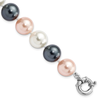 7.5 Inch Majestik Sterling Silver Rhodium-Plated 12-13mm Multi-Color Imitation Shell Pearl Hand-Knotted Bracelet