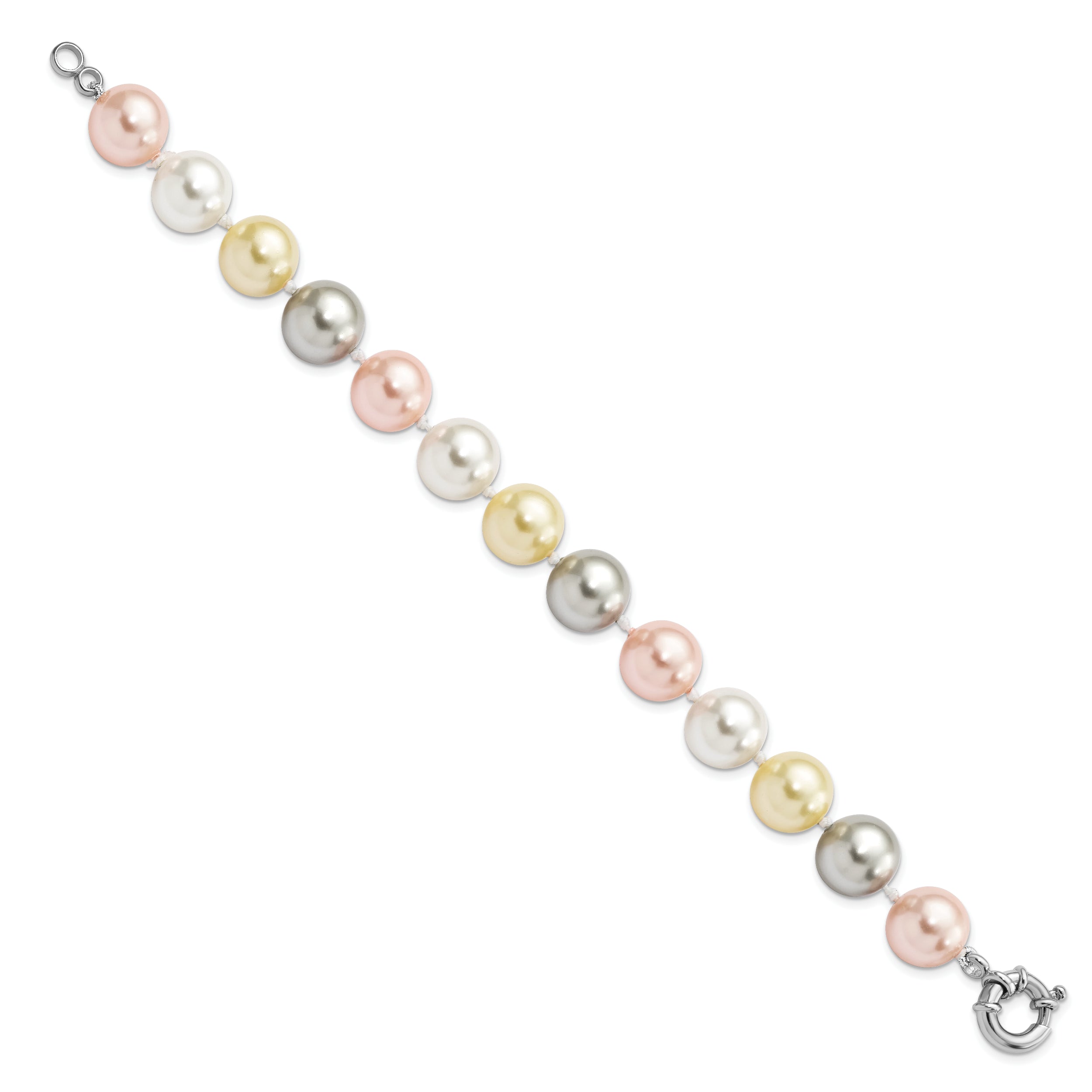 7.5 Inch Majestik Sterling Silver Rhodium-Plated 12-13mm Multi-Color Imitation Shell Pearl Hand-Knotted Bracelet
