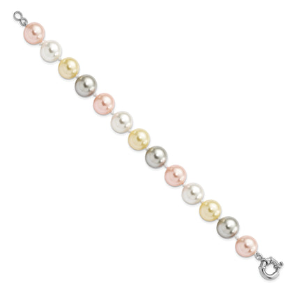 7.5 Inch Majestik Sterling Silver Rhodium-Plated 12-13mm Multi-Color Imitation Shell Pearl Hand-Knotted Bracelet