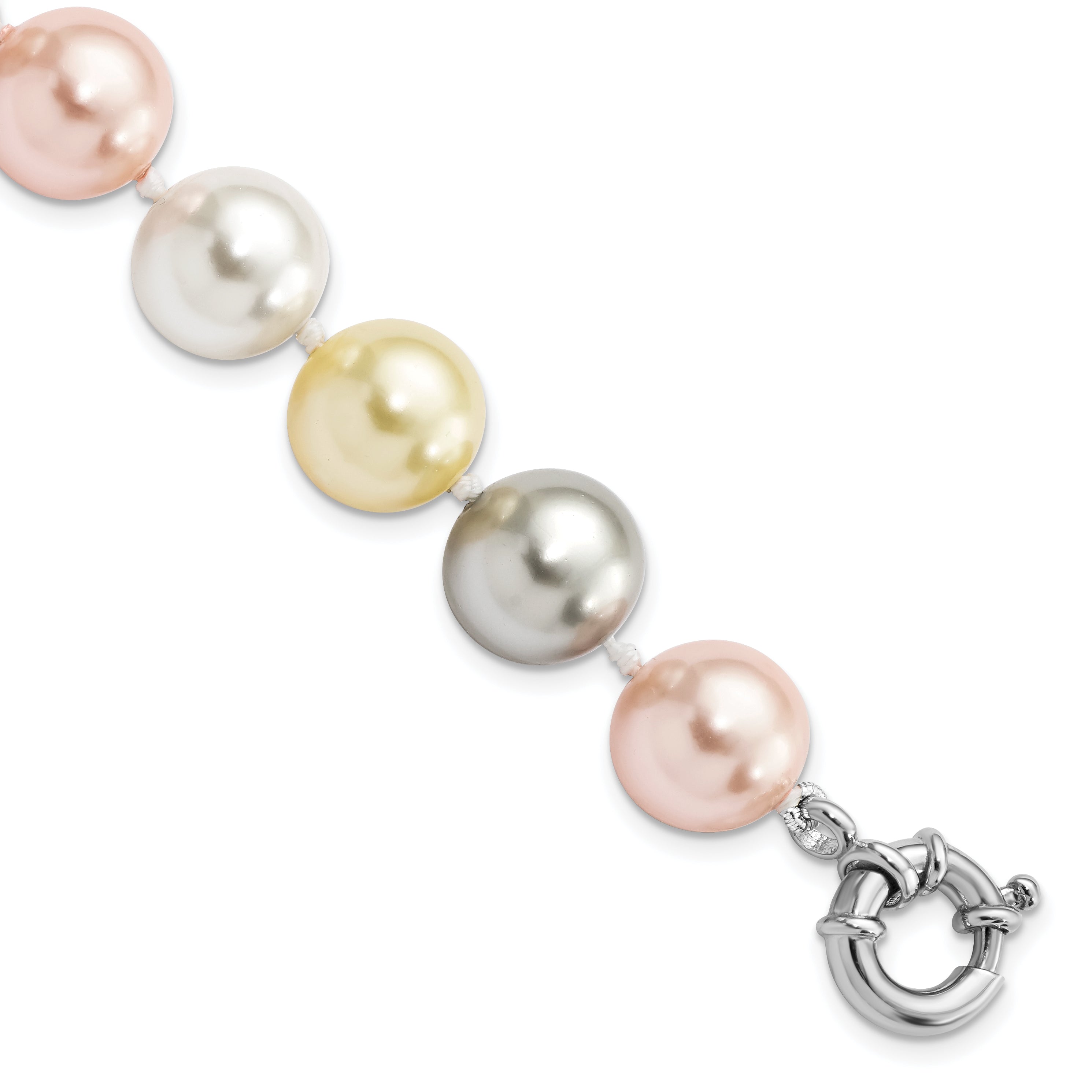 7.5 Inch Majestik Sterling Silver Rhodium-Plated 12-13mm Multi-Color Imitation Shell Pearl Hand-Knotted Bracelet
