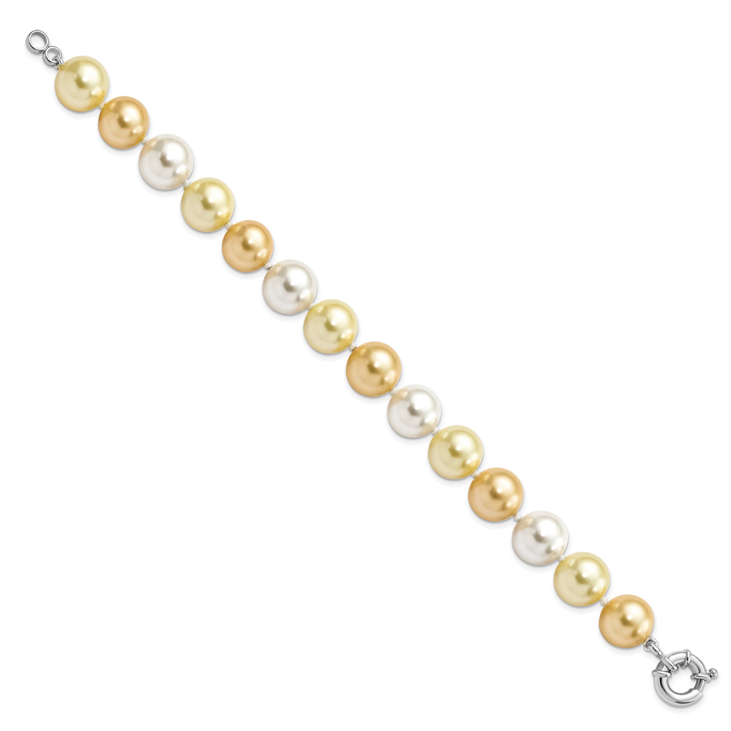 7.5 Inch Majestik Sterling Silver Rhodium-Plated 12-13mm Yellow And White Imitation Shell Pearl Hand-Knotted Bracelet