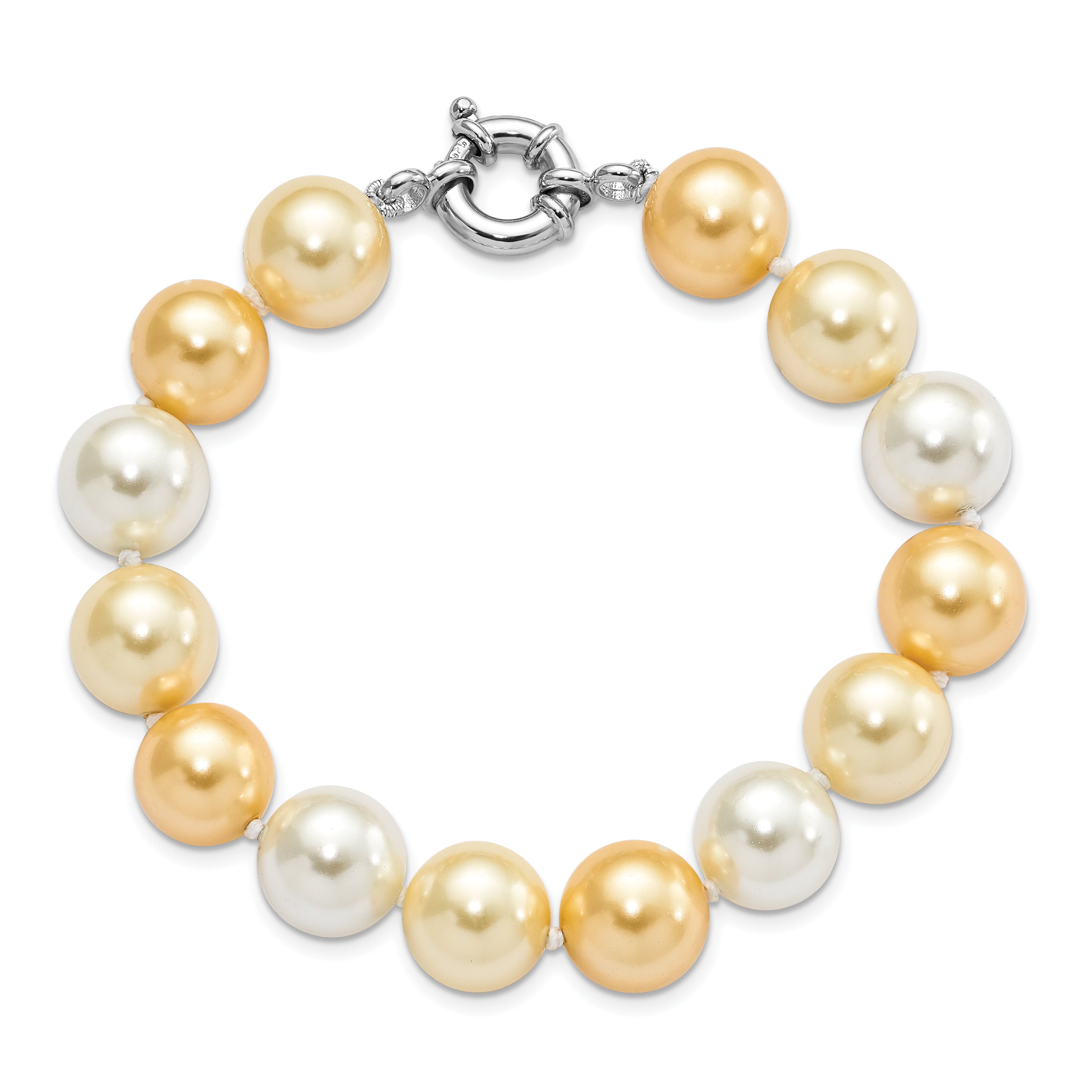 7.5 Inch Majestik Sterling Silver Rhodium-Plated 12-13mm Yellow And White Imitation Shell Pearl Hand-Knotted Bracelet