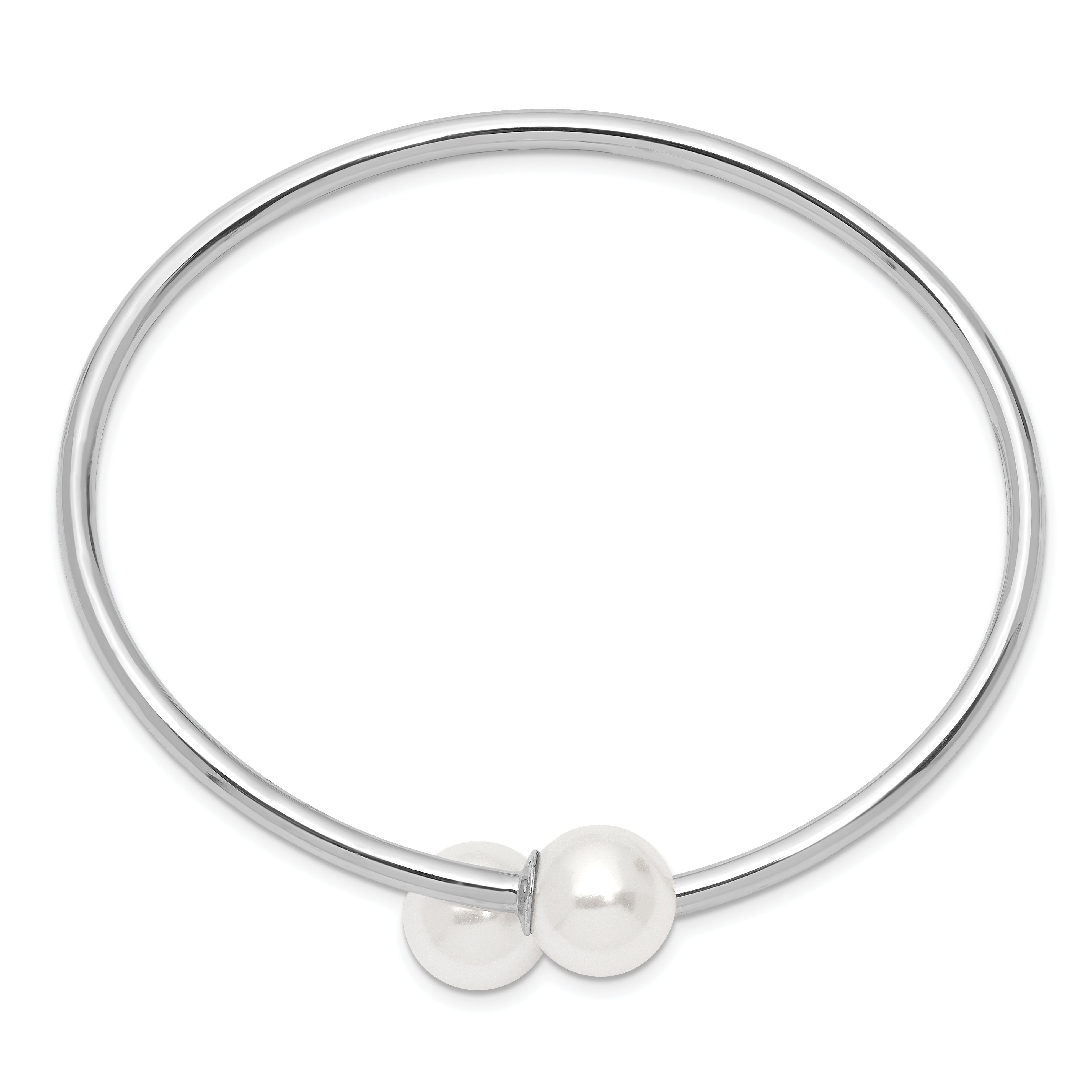 7 Inch Majestik Sterling Silver Rhodium-Plated 10-11mm White Imitation Shell Pearl Bangle Bracelet