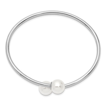 7 Inch Majestik Sterling Silver Rhodium-Plated 10-11mm White Imitation Shell Pearl Bangle Bracelet