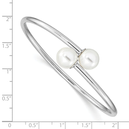 7 Inch Majestik Sterling Silver Rhodium-Plated 10-11mm White Imitation Shell Pearl Bangle Bracelet