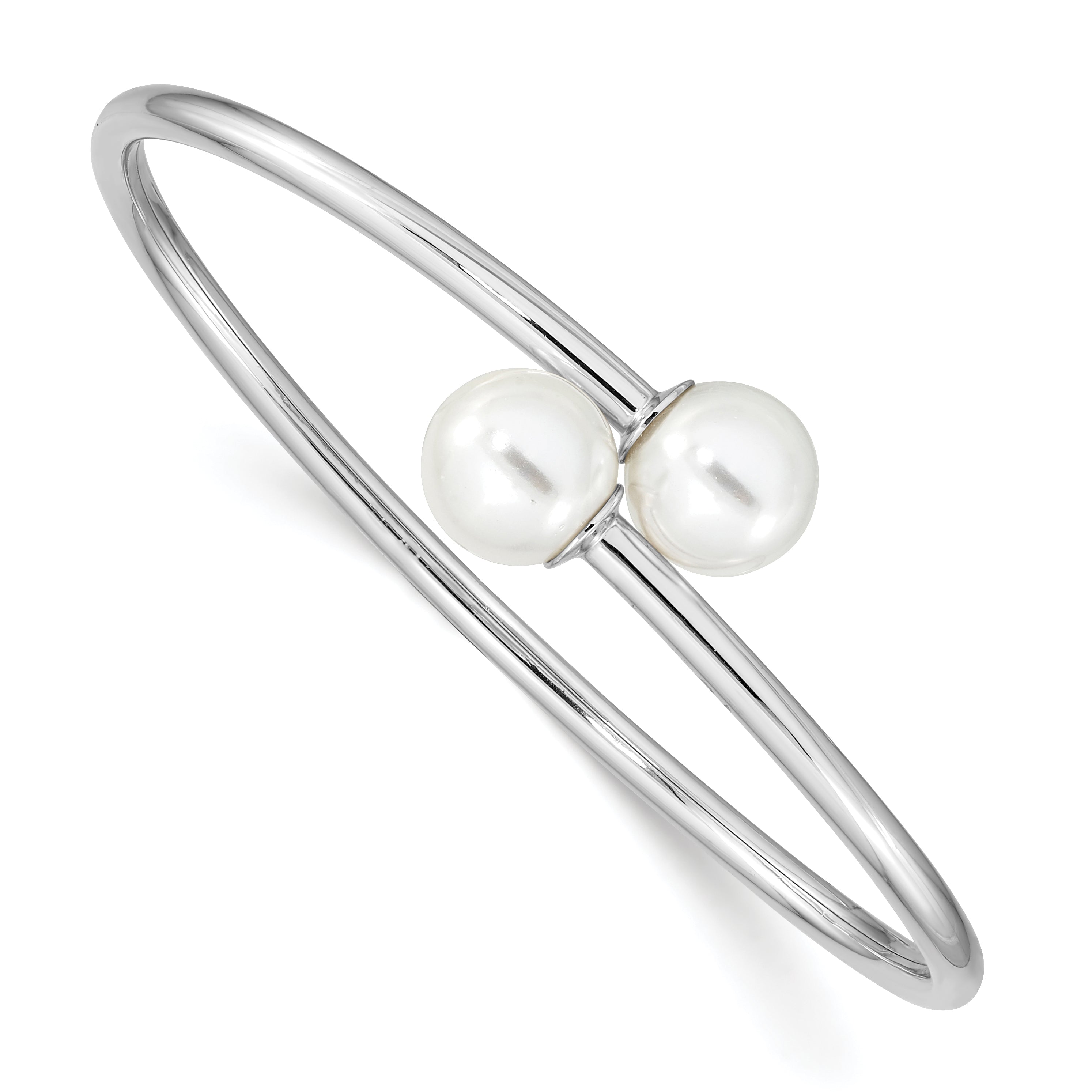 7 Inch Majestik Sterling Silver Rhodium-Plated 10-11mm White Imitation Shell Pearl Bangle Bracelet