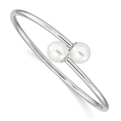 7 Inch Majestik Sterling Silver Rhodium-Plated 10-11mm White Imitation Shell Pearl Bangle Bracelet