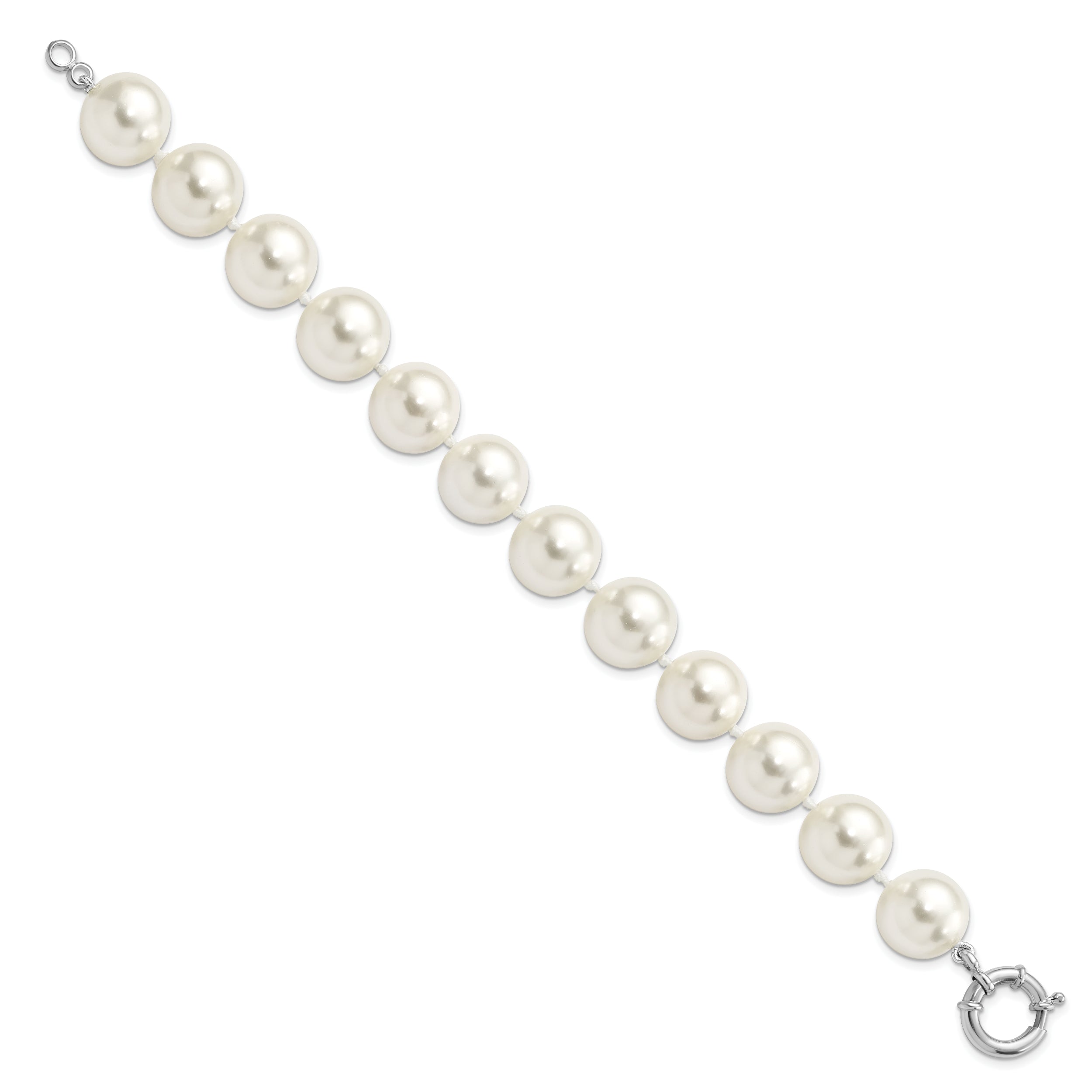 7.5 Inch Majestik Sterling Silver Rhodium-Plated 14-15mm White Imitation Shell Pearl Hand-Knotted Bracelet