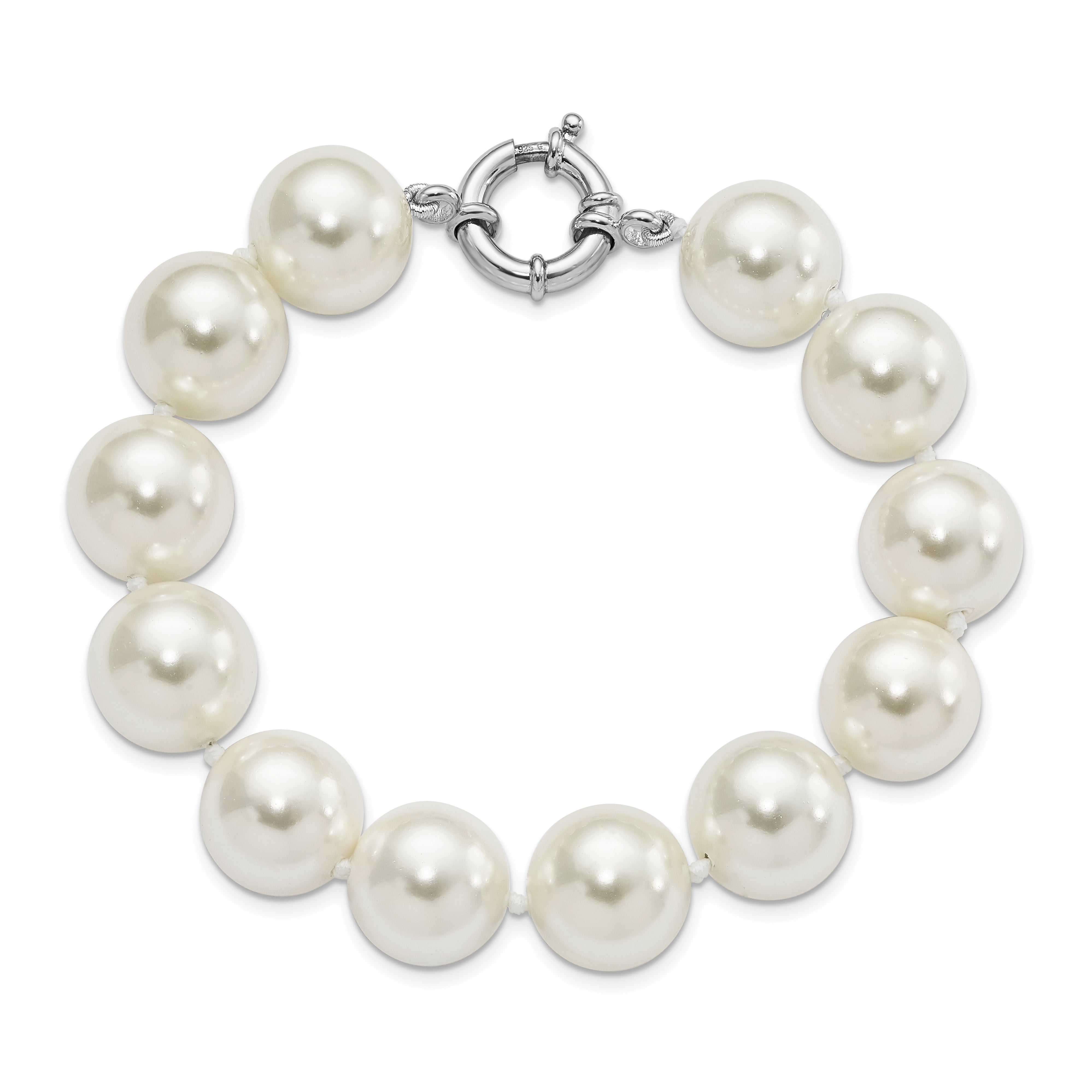 7.5 Inch Majestik Sterling Silver Rhodium-Plated 14-15mm White Imitation Shell Pearl Hand-Knotted Bracelet