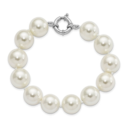 7.5 Inch Majestik Sterling Silver Rhodium-Plated 14-15mm White Imitation Shell Pearl Hand-Knotted Bracelet