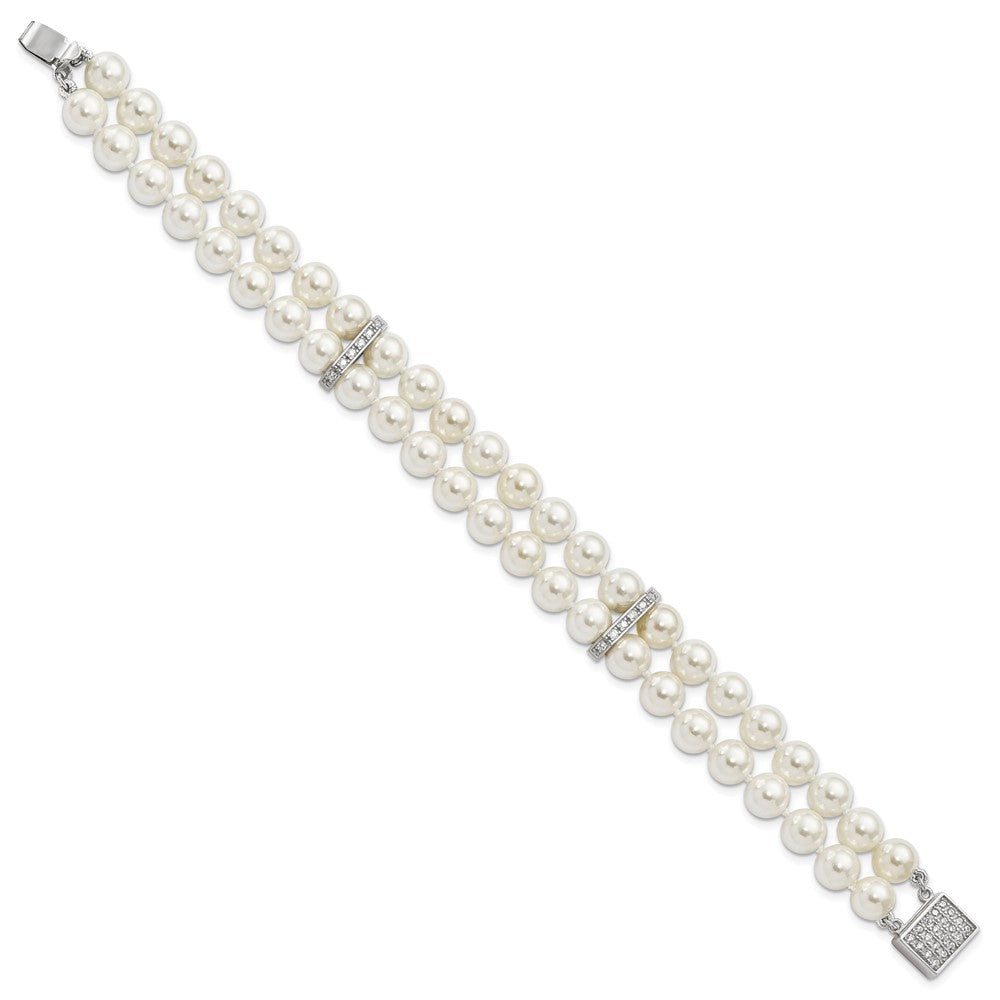 7.5 Inch Majestik Sterling Silver Rhodium-Plated 7-8mm White Imitation Shell Pearl And Cz Hand-Knotted Bracelet