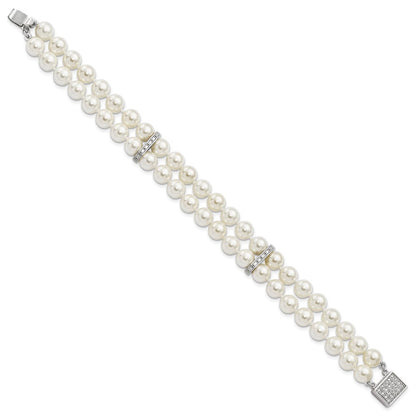 7.5 Inch Majestik Sterling Silver Rhodium-Plated 7-8mm White Imitation Shell Pearl And Cz Hand-Knotted Bracelet
