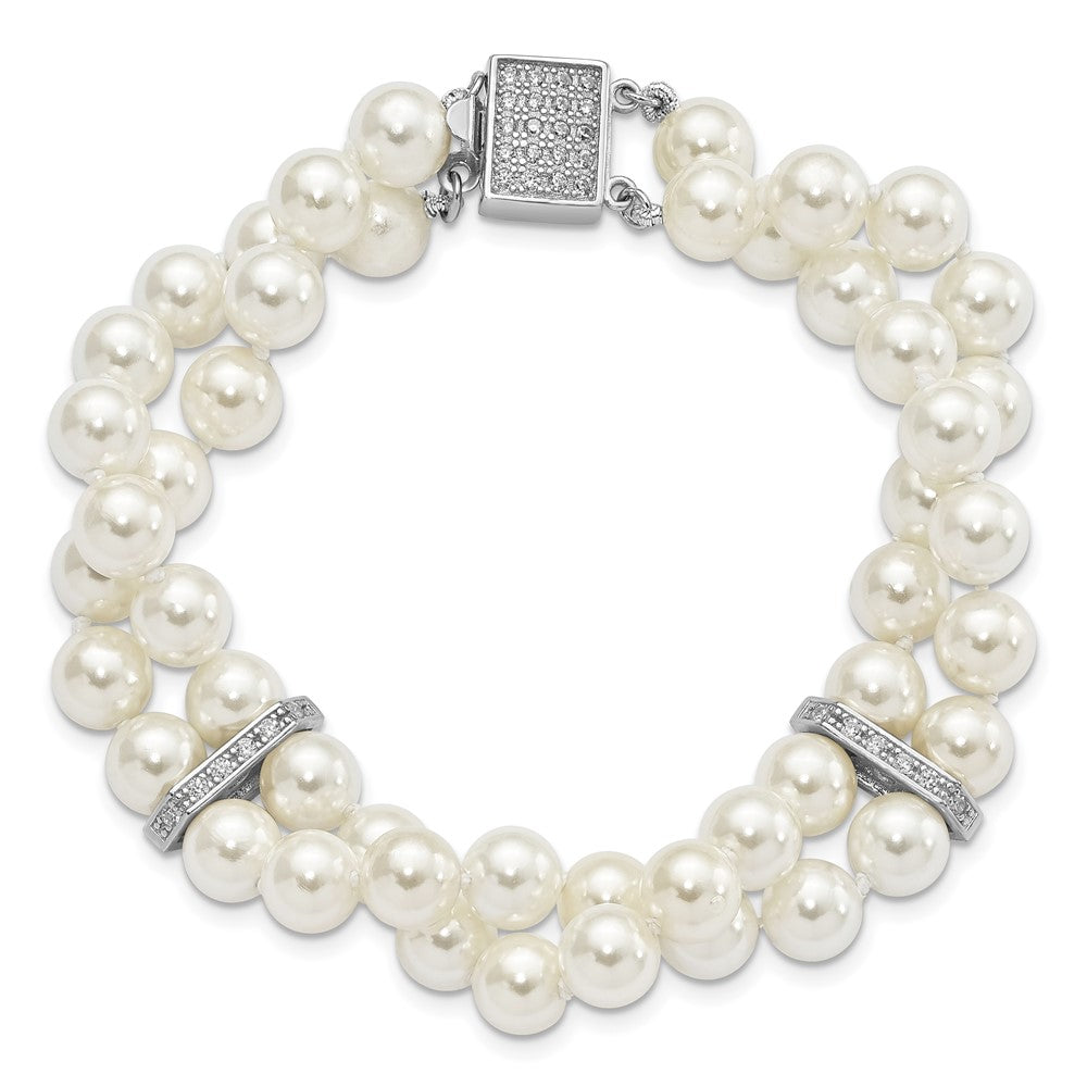 7.5 Inch Majestik Sterling Silver Rhodium-Plated 7-8mm White Imitation Shell Pearl And Cz Hand-Knotted Bracelet