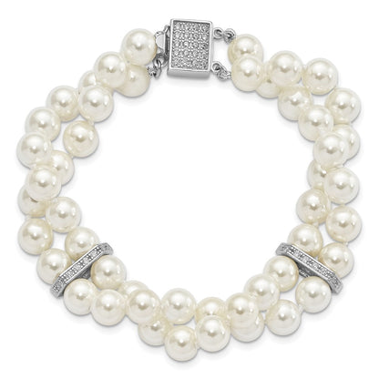 7.5 Inch Majestik Sterling Silver Rhodium-Plated 7-8mm White Imitation Shell Pearl And Cz Hand-Knotted Bracelet