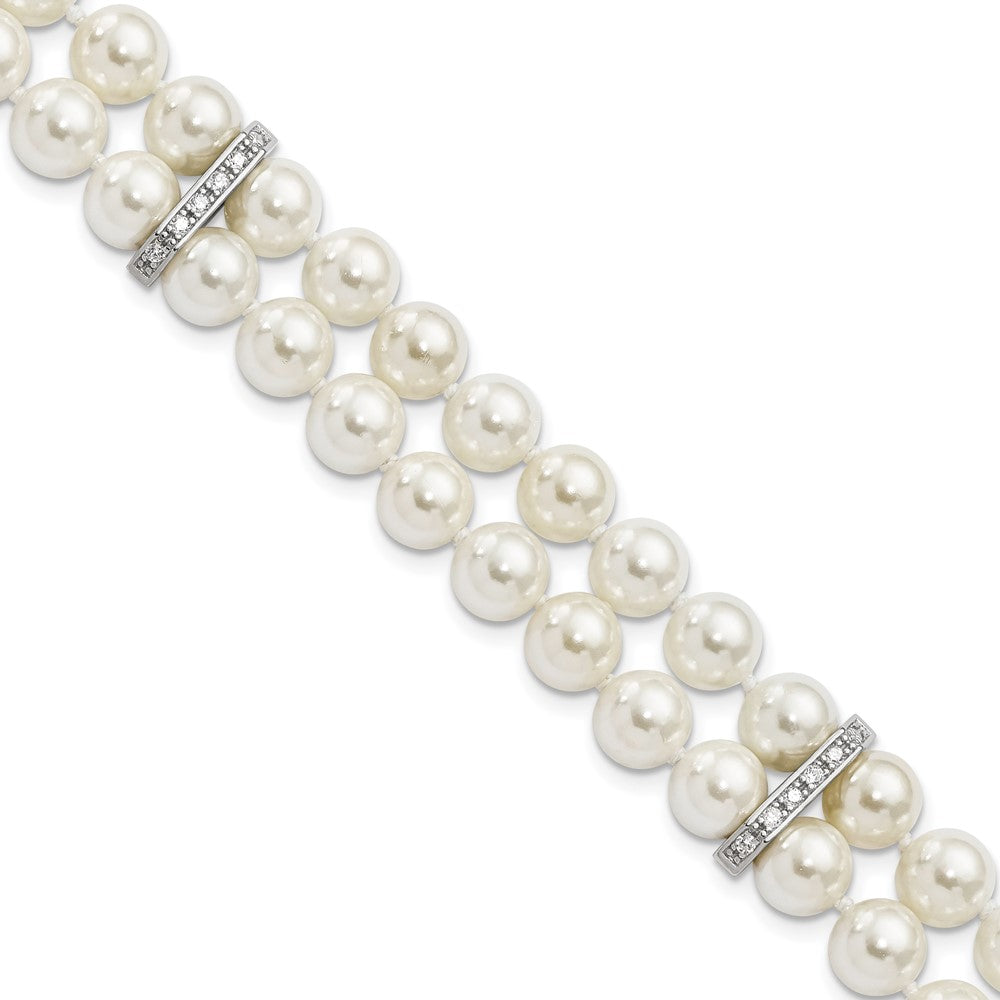 7.5 Inch Majestik Sterling Silver Rhodium-Plated 7-8mm White Imitation Shell Pearl And Cz Hand-Knotted Bracelet