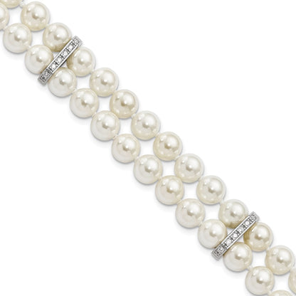 7.5 Inch Majestik Sterling Silver Rhodium-Plated 7-8mm White Imitation Shell Pearl And Cz Hand-Knotted Bracelet