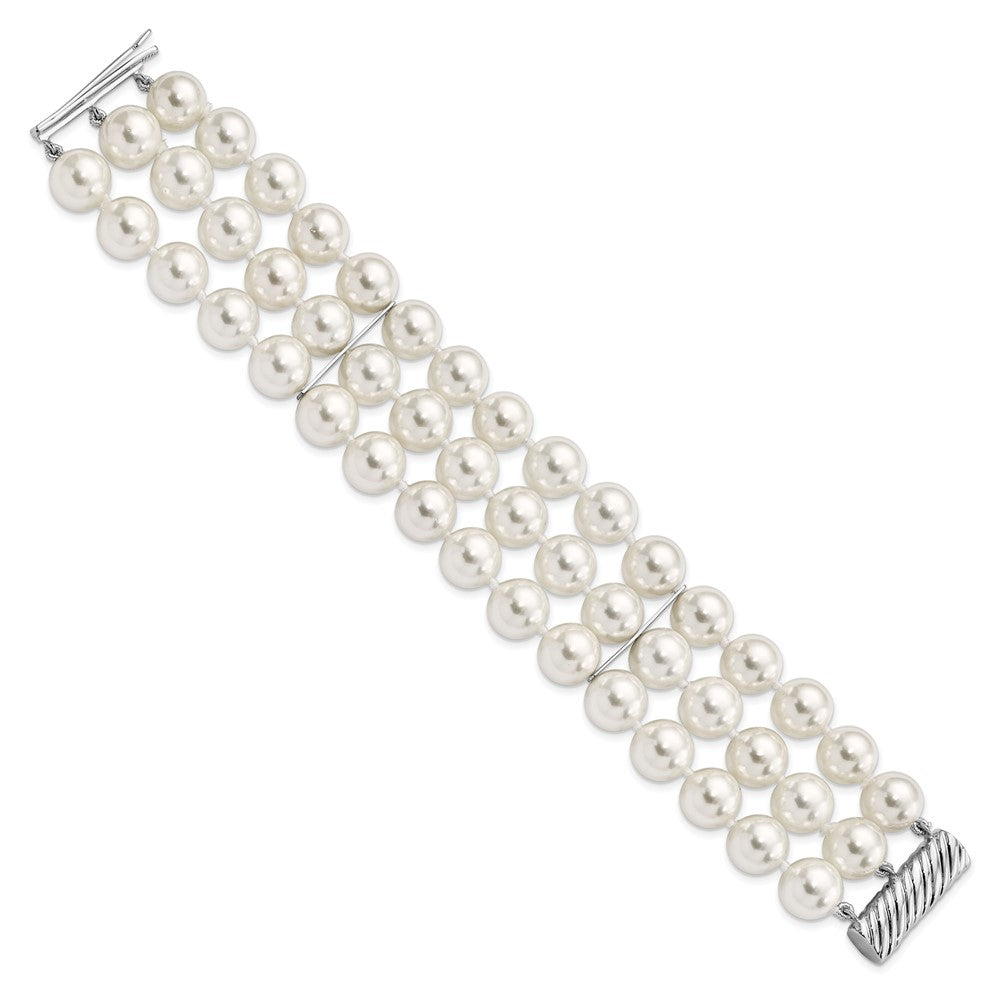 7.5 Inch Majestik Sterling Silver Rhodium-Plated 3 Row 10-11mm White Imitation Shell Pearl Hand-Knotted Bracelet