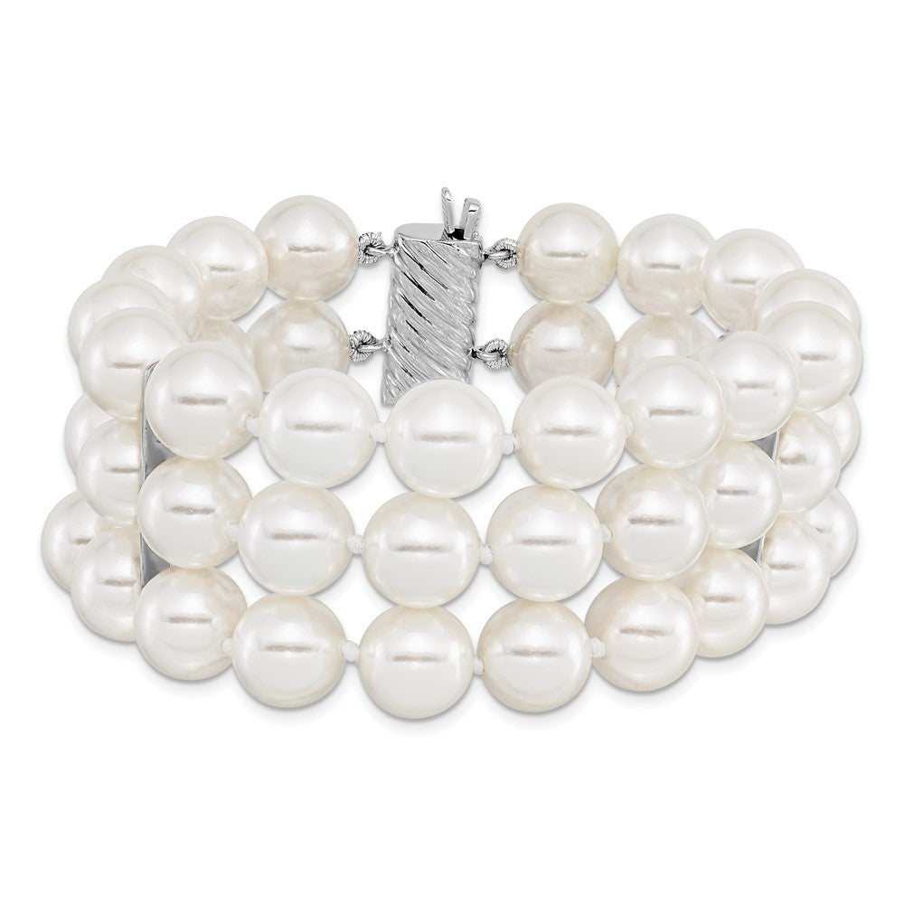 7.5 Inch Majestik Sterling Silver Rhodium-Plated 3 Row 10-11mm White Imitation Shell Pearl Hand-Knotted Bracelet