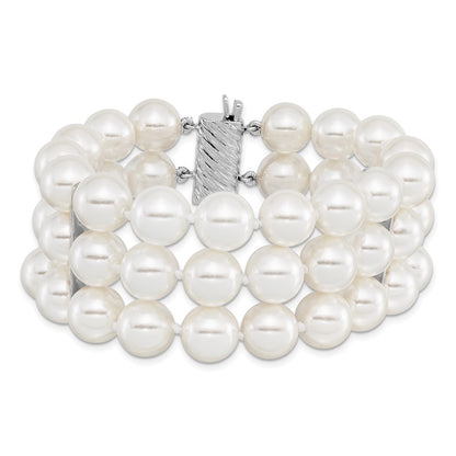 7.5 Inch Majestik Sterling Silver Rhodium-Plated 3 Row 10-11mm White Imitation Shell Pearl Hand-Knotted Bracelet